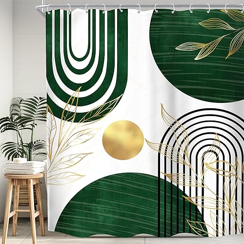 Miniatura 10 de KOMLLEX Cortina de ducha bohemia verde para decoración de baño, 72 pulgadas de ancho x 72 pulgadas de alto, abstracto, retro, dorado, de mediados de