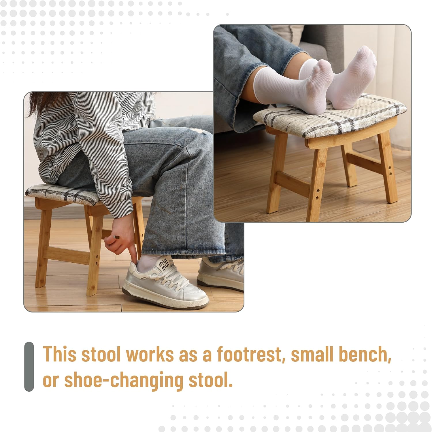BAMBOO LAND- Bamboo Foot Stools Ottoman, Stripes Beige Cushion & Natural Wood Legs, Small Ottoman Foot Rest for Couch