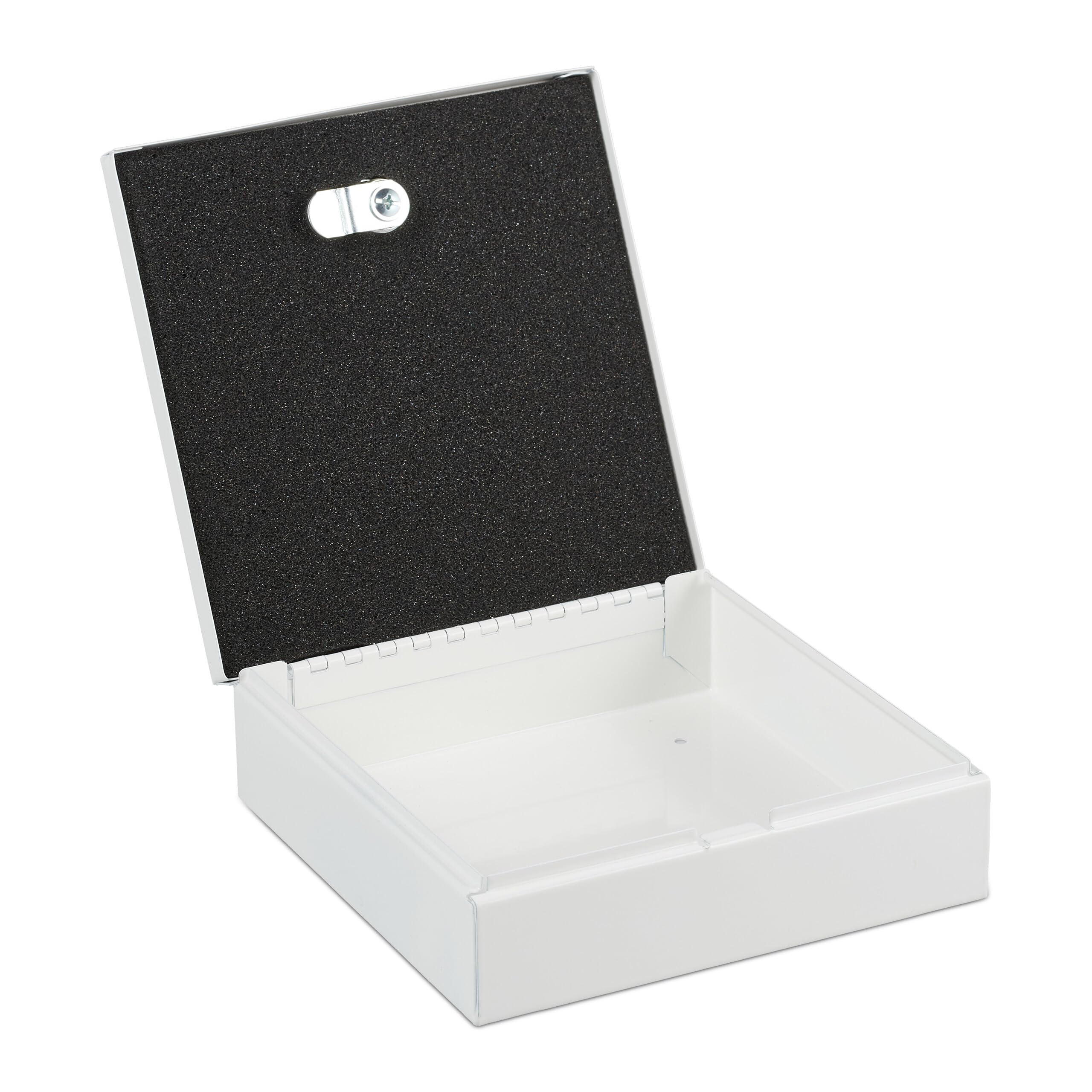 Relaxdays Caja de Dinero con Llaves, Bandeja Extraíble, 4 Espacios, Cambio y Billetes, 6 x 17 x 17,5 cm, Hierro, Blanco