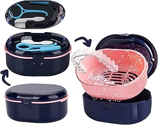 MURRI&MURRDI Retainer Case,Denture Case,Denture Bath Box with Strainer Basket,Cute Denture Holder Storage Soak Container for Travel Cleaning, Mouth Guard Case, Braces cleaner Cup (D Dark Blue)