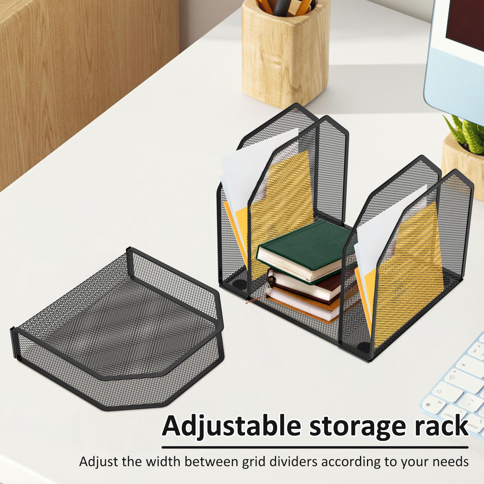 Organizador vertical de escritorio de 5/7 secciones de metal para escritorio, organizador de archivos de red ajustable, clasificador para casa (negro, 5 varillas)
