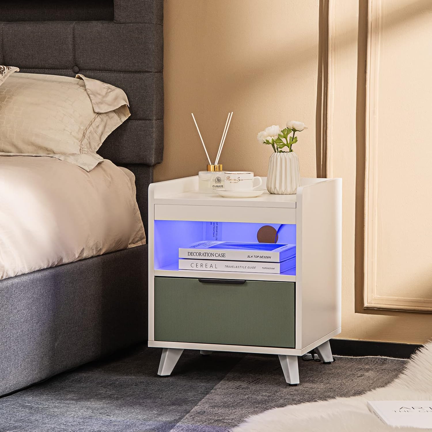 LOKO White LED Nightstand, Bed Side Table with LED Lights, Handy Remote, Drawer & Open Storage Shelf, Modern End Side Table with Aluminum Alloy Legs for Bedroom, Living Room
