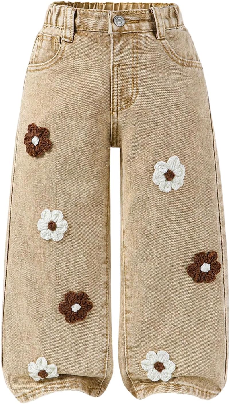 WDIRARA Toddler Girl's 3D Floral Jeans Cute Wide Leg Baggy Denim Pants