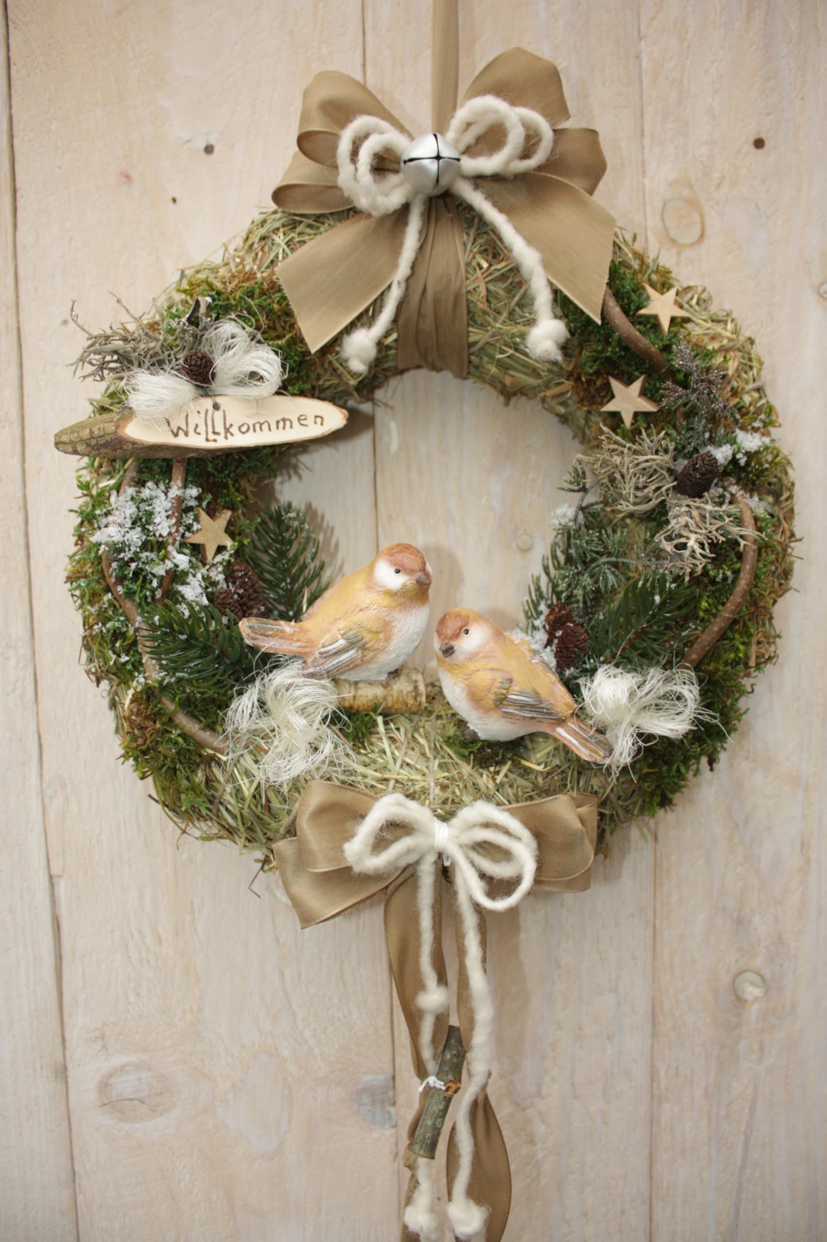 Türkranz D32 cm mit Zwei Vögel beige Taupe weiß Winter