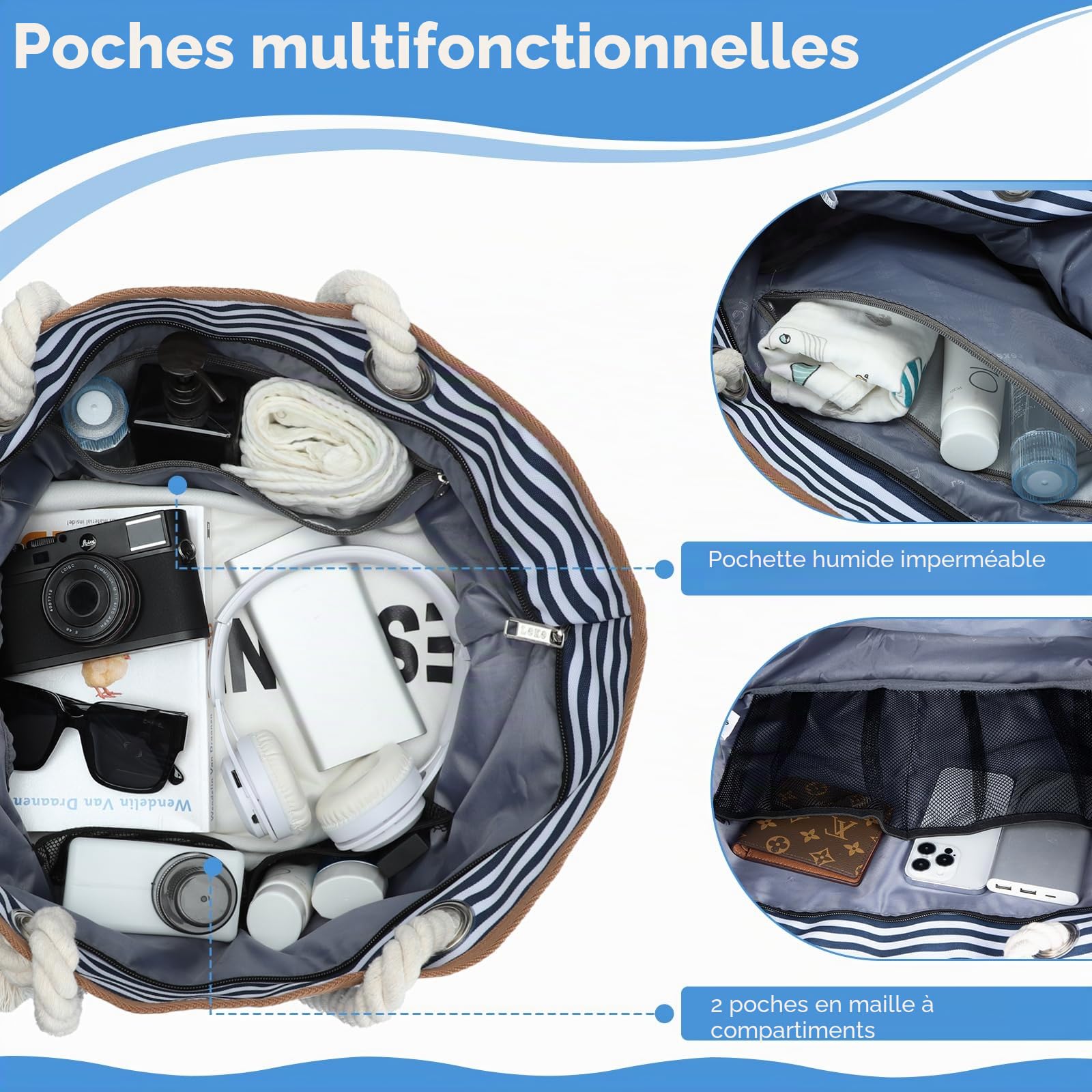 Grand sac de plage pour femme avec fermeture éclair, sac de bain polyvalent XXL, sac de sauna, sac de voyage, sac de plage, bleu à rayures, xxl