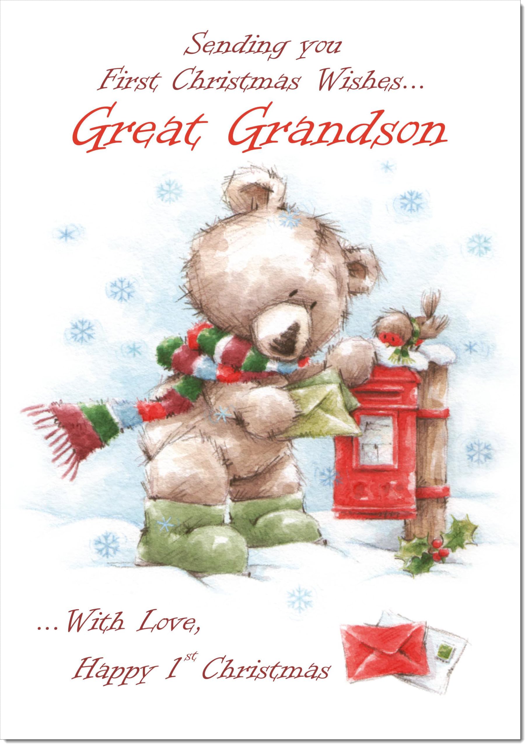 doodlecards Great Grandsons 1st First Christmas Card Cute Bear at Post Box Large A4 Size Christmas Card for Great Grandsons 1st with Plain Envelope