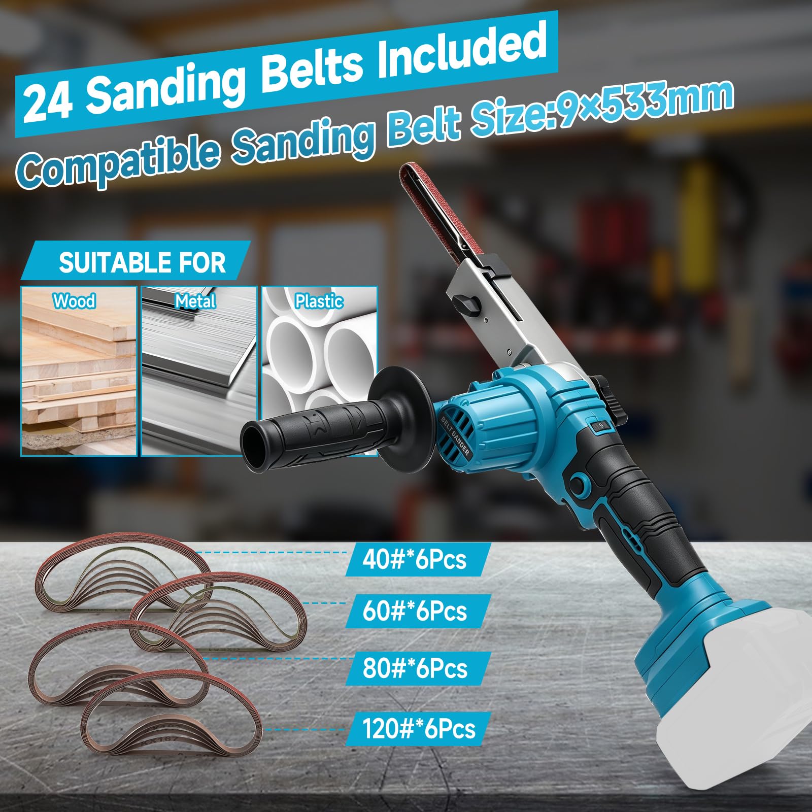 Akku-Bandschleifer kompatibel mit Makita 18 V, 9 x 533 mm, 6 Geschwindigkeitsstufen, bürstenloser Bandschleifer mit 24 Schleifbändern (40/60/80/120#) für Holz, Metall und Kunststoff