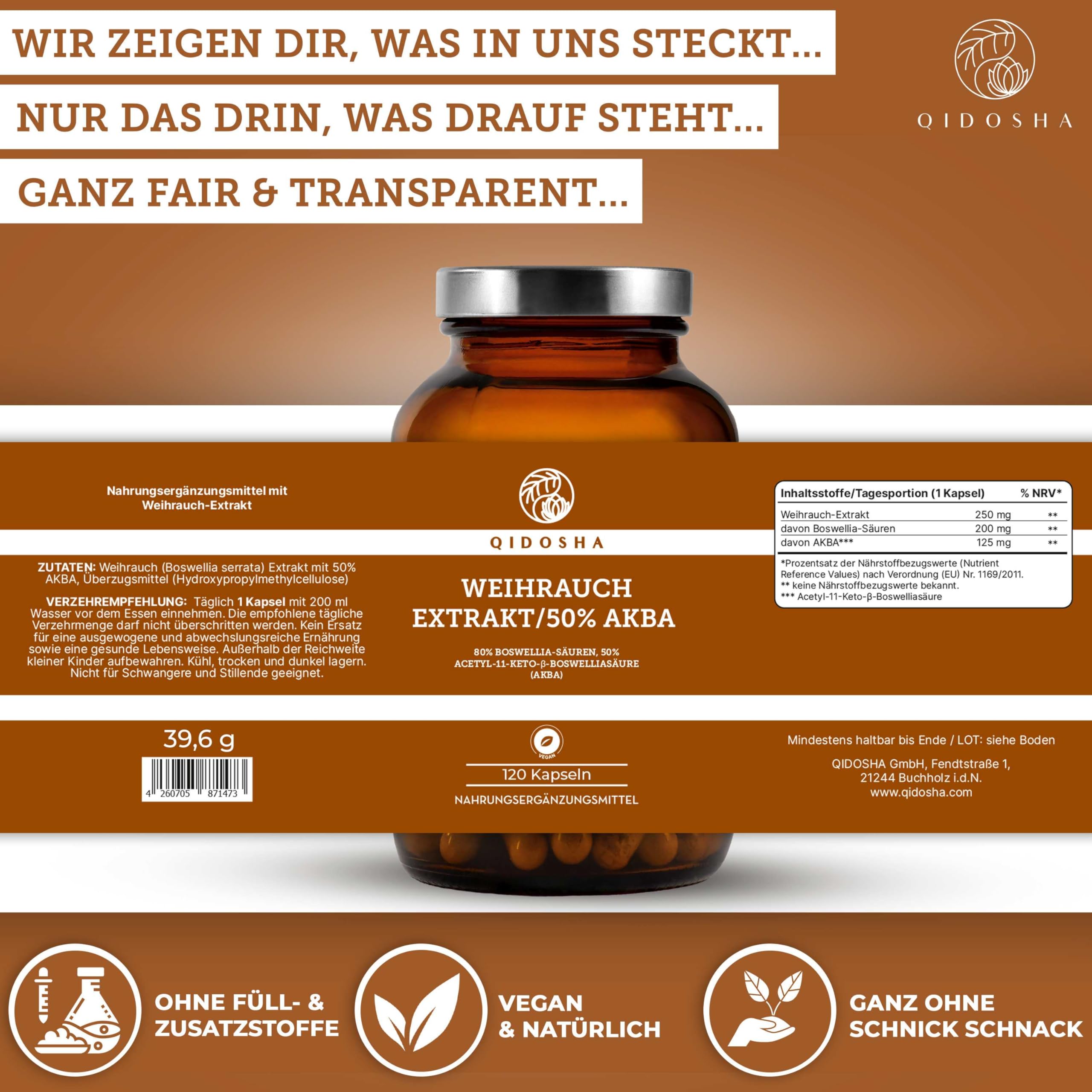 QIDOSHA® Weihrauch AKBA Kapseln, höchster AKBA-Gehalt am Markt, 120 Stk/Glas, 250mg Weihrauch-Extrakt mit 125mg AKBA je Kapsel, 80% Boswellia-Säuren, AKBA Kapseln hochdosiert mit 50% AKBA