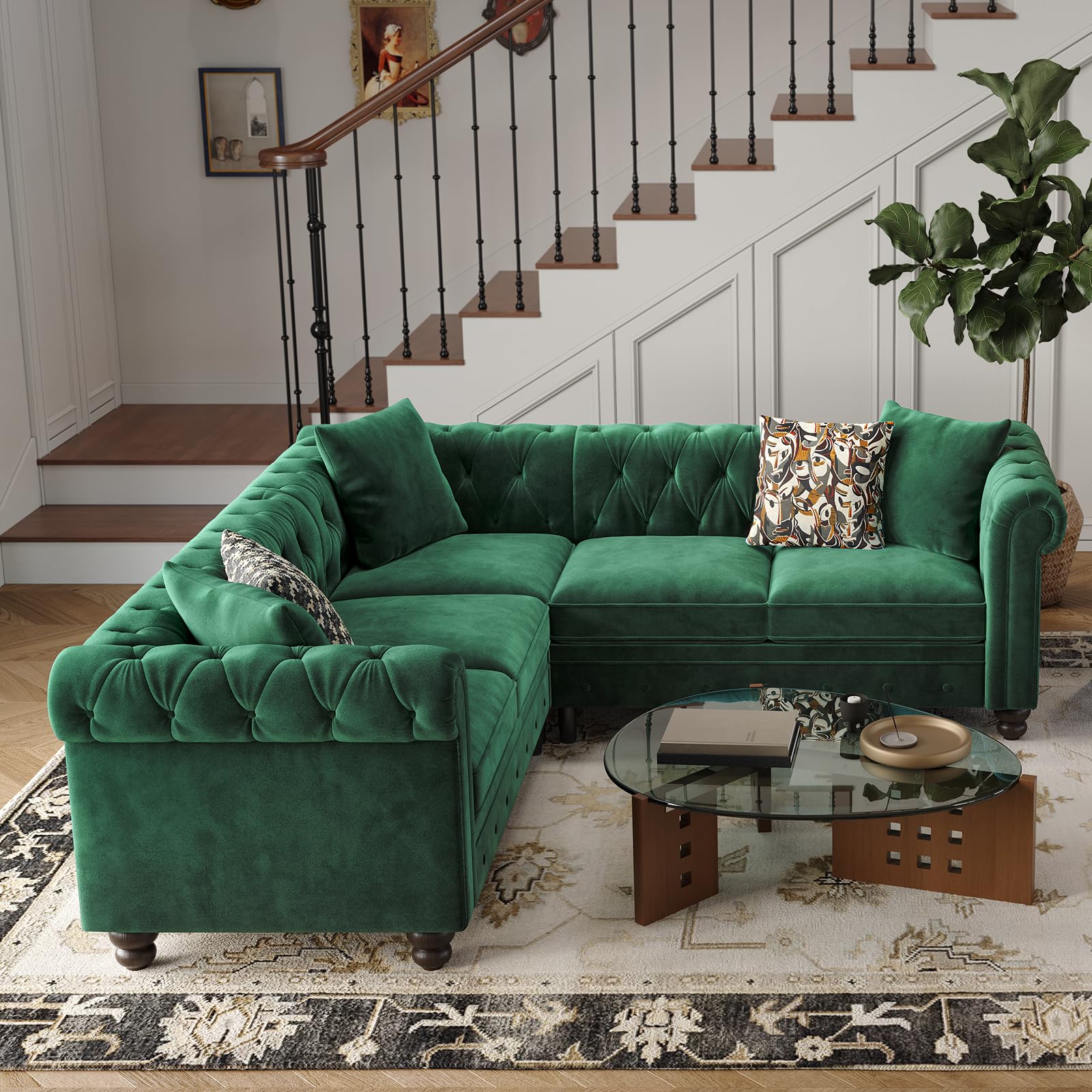 Velvet Chesterfield Sofa, L Shaped Sectional Sofa with Tufted Back & Rolled Arms, 3 Throw Pillows, Small Corner Sectional Couch for Living Room, Apartment, Green
