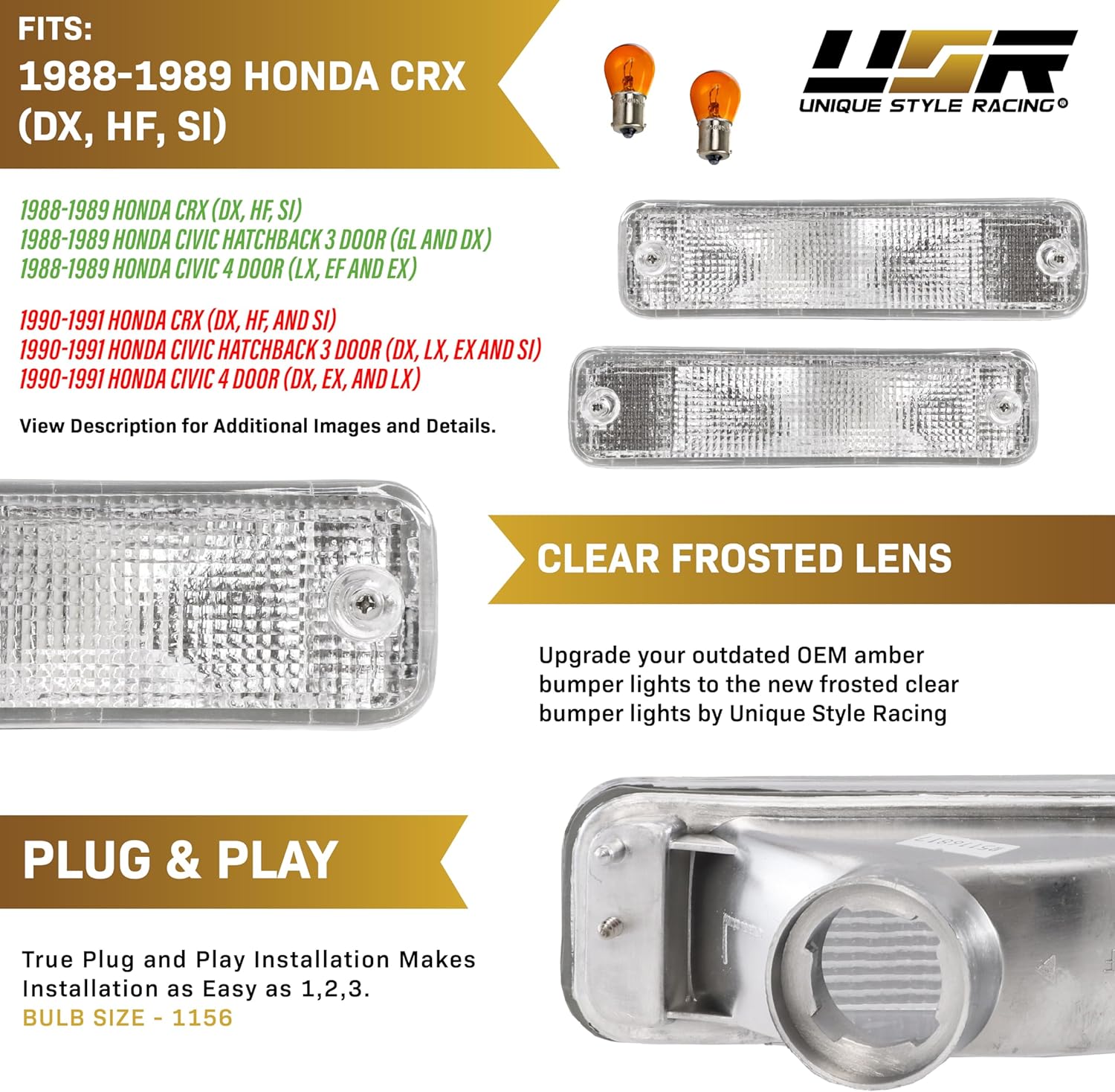 USR 88-89 CRX Turn Signal Light – CLEAR Front Bumper Signals Lamps (Left + Right) - Compatible with 1988-1989 Honda CR-X/Civic Hatchback 3 Door / 4 Door Sedan All Models (CLEAR Lens, Amber Bulbs)