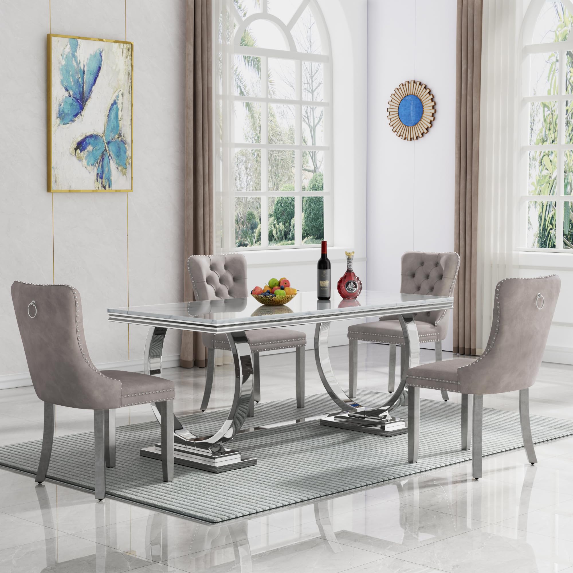 5 Piece Marble Dining Table Set for 4, Luxury 68" White Marble Silver Kitchen Table with 4 Grey Velvet Upholstered Chairs, Modern 4 Person Dining Room Table Set for Kicken Dining Office Room