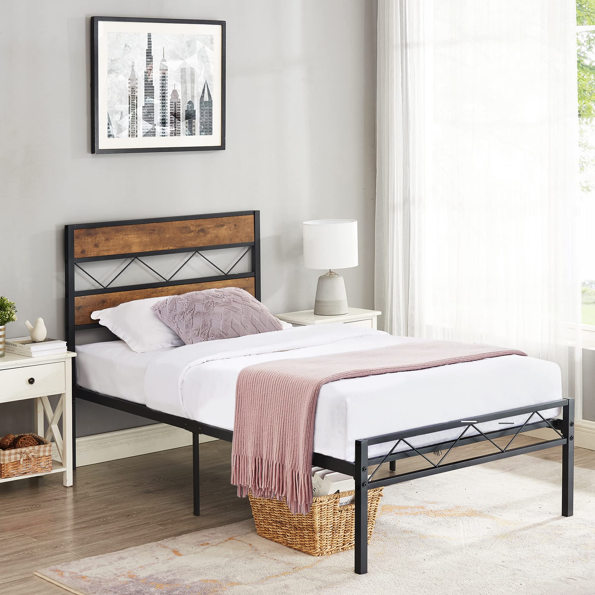 VECELO Twin Size Bed Frame with Rustic Vintage Wood Headboard, Metal Slats Support, Industrial Platform Mattress Foundation No Box Spring Needed, Noise-Free, Easy Assembly