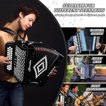 Accordion - 34 Key Diatonic, 12 Base Buttons, F/B/E Tuning, Push-Pull Heterophonic Design, Premium Quality for Beginners & Professionals Black | クリアトーン;マルチジャンル;旅行耐久性;人間工学的構造
