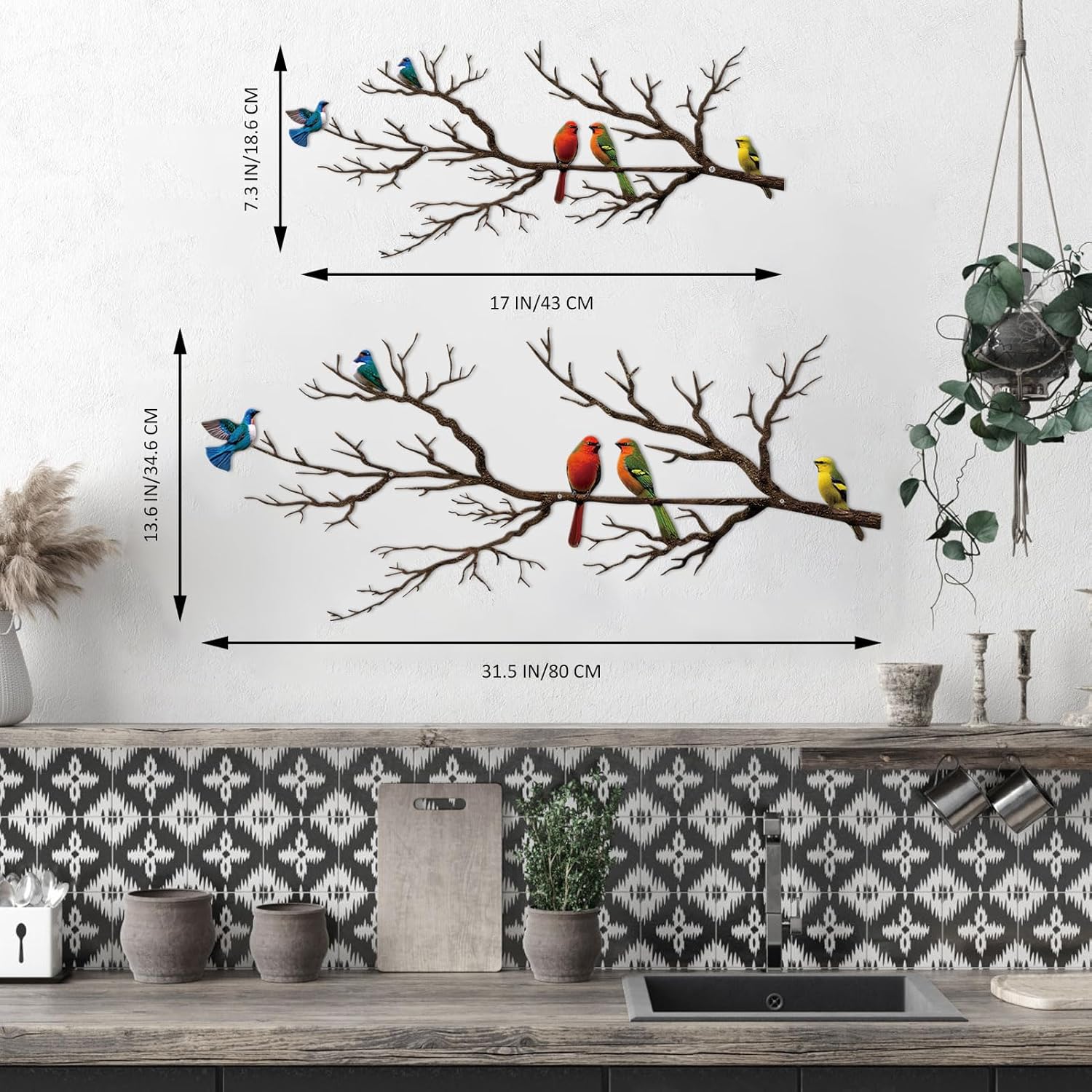 ESTART Metal Birds Wall Art, Metal Vivid Birds on Branch Silhouette Wall Decor Black Leaves with Bird Outdoor Hanging Wall Sculpture for Home Balcony Garden (Vintage Color, Large)
