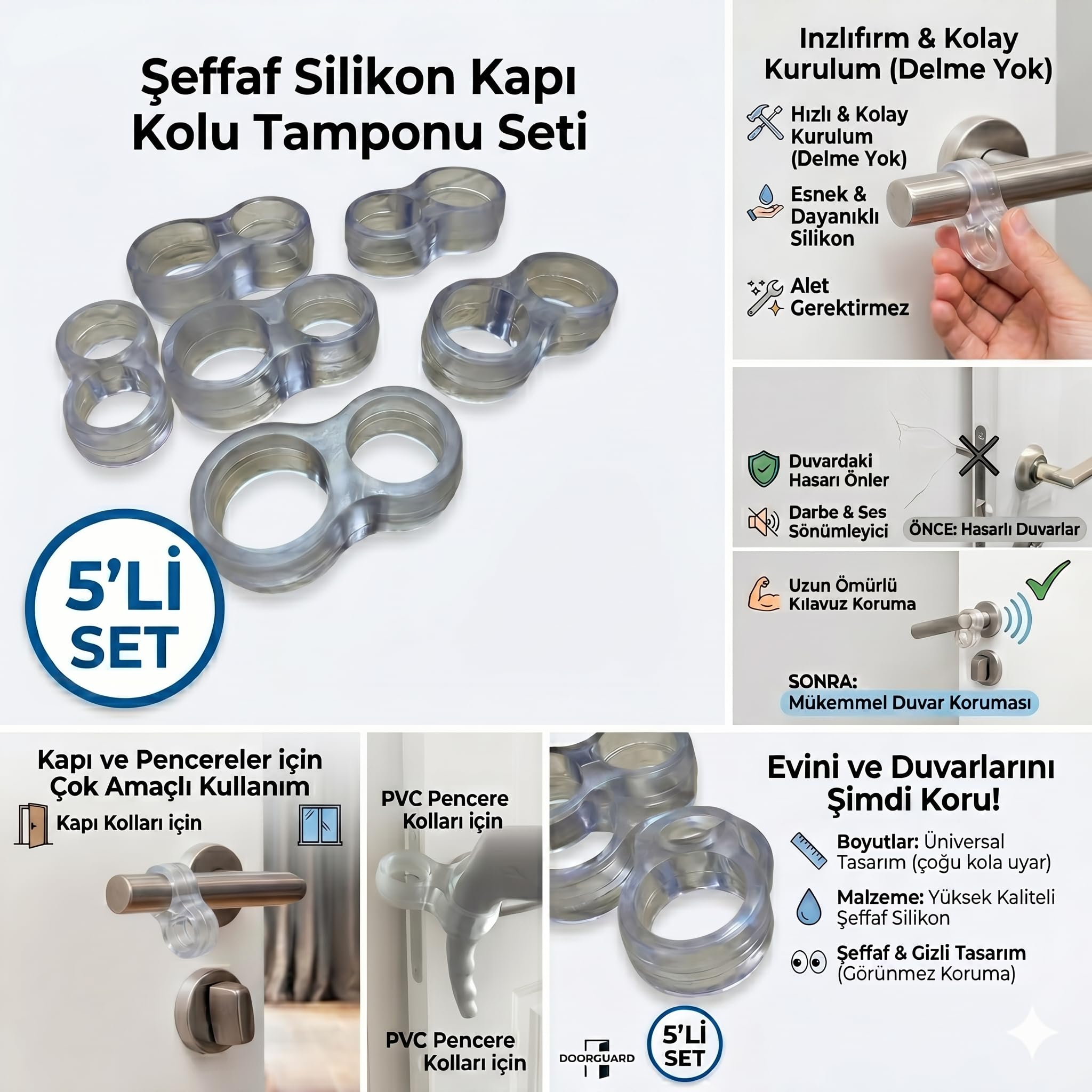 Silikonlu Kapı ve Pencere Kolu Tamponu, Şeffaf, Seti, 5'li Set, Duvar Koruyucu