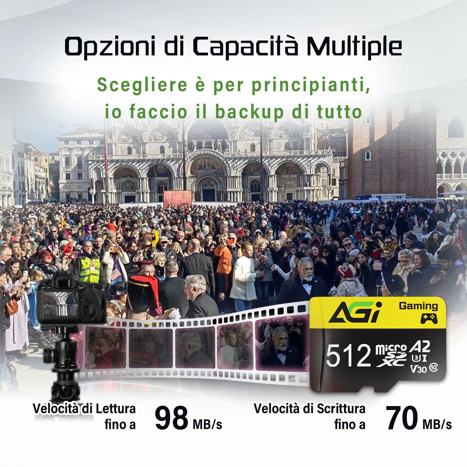 AGI TF138 512GB Scheda Micro SD con Adattatore SD Card MicroSDXC | Classe A2, U3, V30. Velocità di lettura 98 MB/s. Ottimizzata per drone, dashcam, fotocamera, smartphone e PC