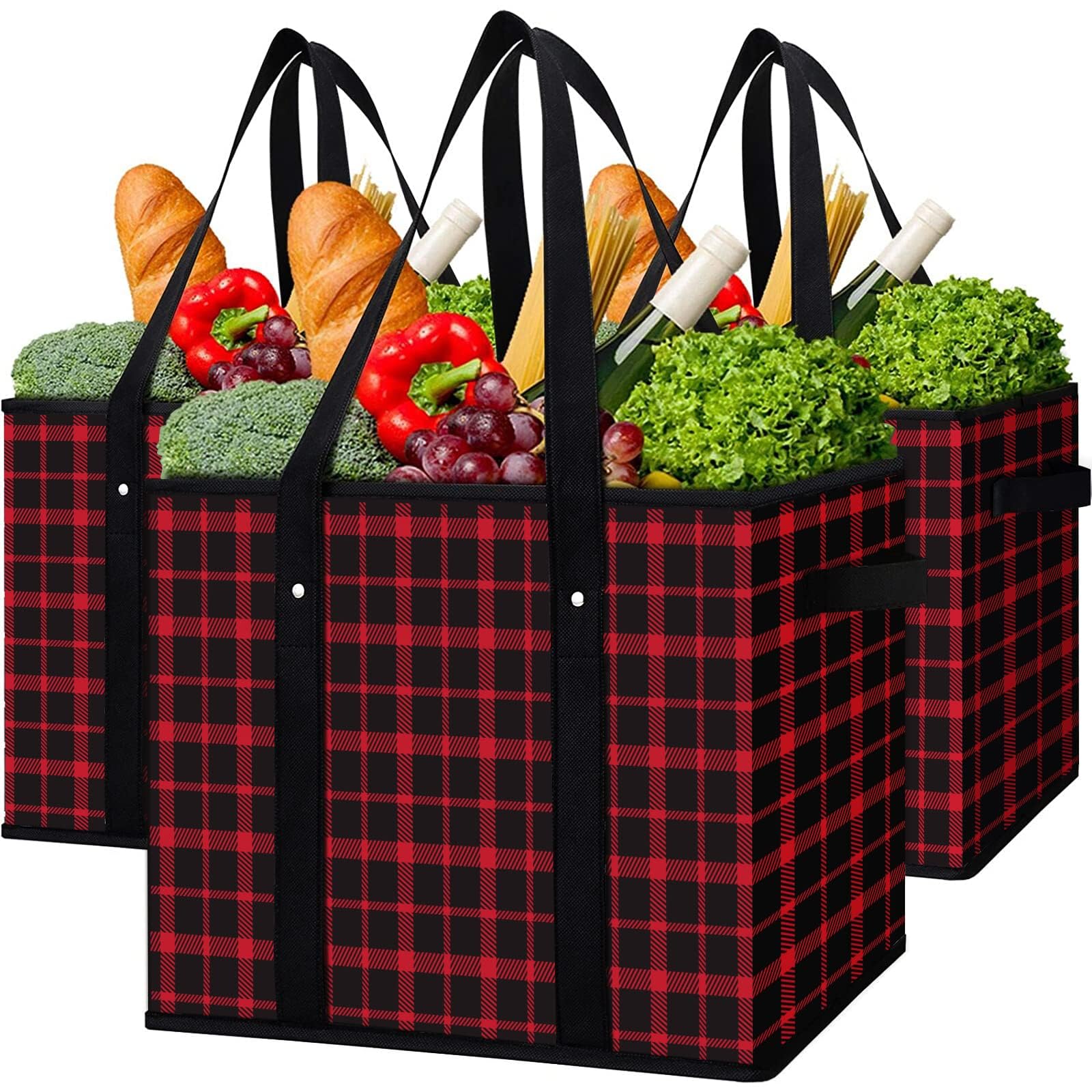 WISELIFE Reusable Grocery Bags 3 Pack,Large Grocery Tote Bag Water Resistant Shopping Bags Foldable Grocery Bag for Clothes,Shoes and Picnic,Red