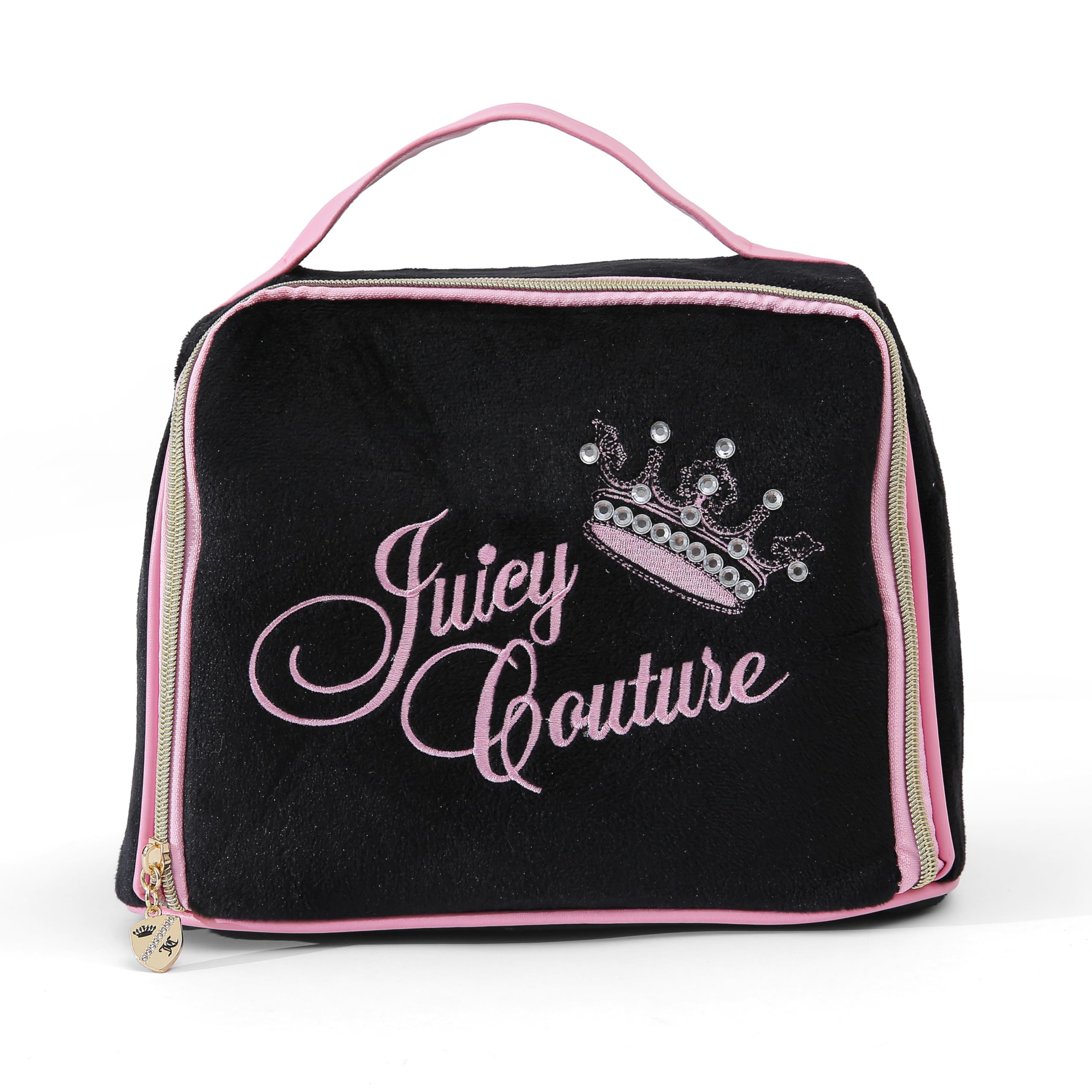 Juicy Couture Black Makeup Bag Cosmetics Organizer Travel Essentials Bowler Vintage Style Velour Rhinestone Crown