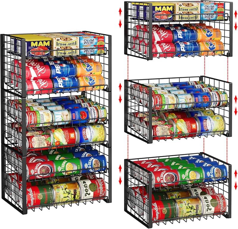 3-Pack Stackable Can Rack Organizer, Adjustable Can Holder for Pantry | 2-Tier Rolling Can Dispenser Holds Up to 90 Cans, Canned Food Storage Organizer for Kitchen Cabinet, Black