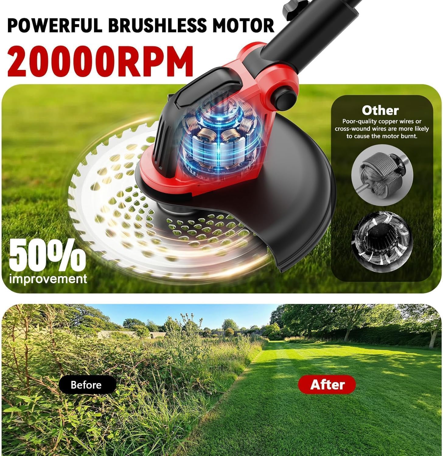 Decespugliatore elettrico da 30,5 cm, con 2 batterie da 3,0 Ah e caricabatterie, potente 20000 giri/min, 4 tipi di lame, decespugliatore telescopico con ruote staccabili per potatura da giardino