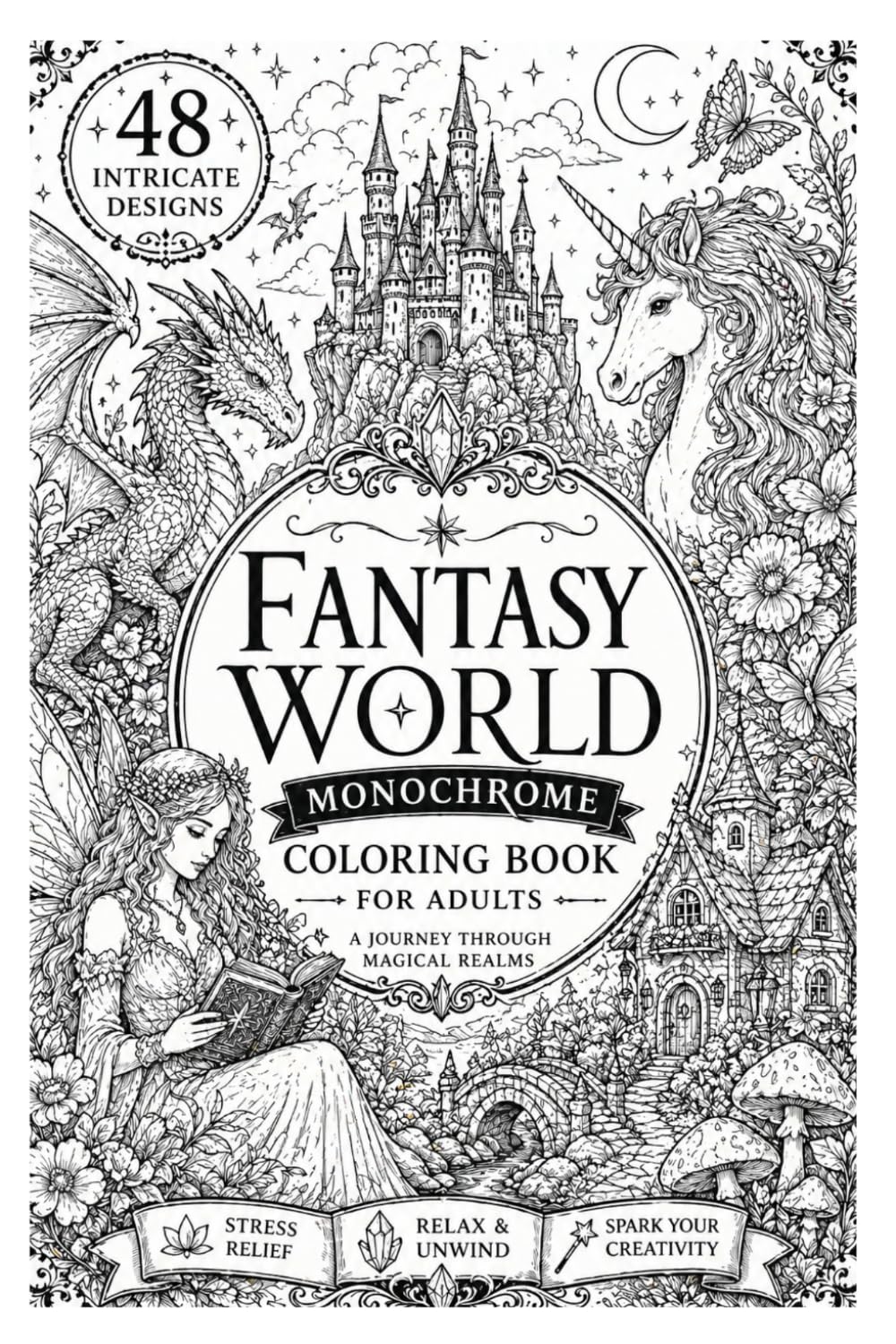 Fantasy World Monochrome Coloring Book for Adults: A Journey Through Magical Realms