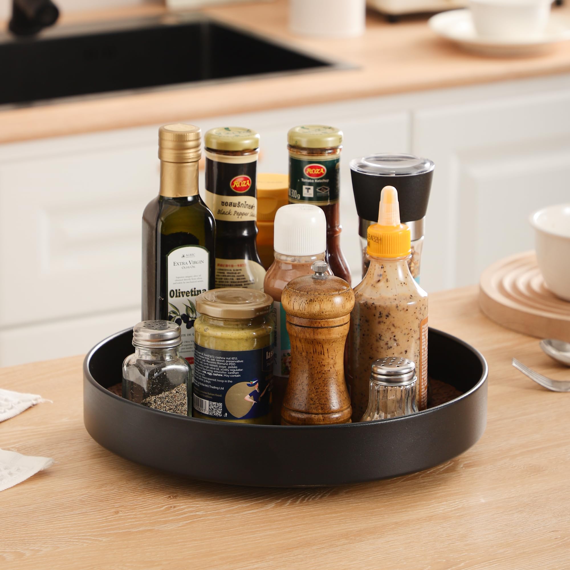 Plateau tournant Lazy Susan antidérapant, pivotant à 360 degrés, noir avec surface texturée (noir, 25,4 cm + 30,5 cm)
