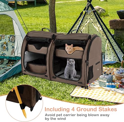 Miniatura 5 de Giantex Transportador de gatos de 40 pulgadas con compartimentos dobles, caja de arena de viaje, 2 hamacas y tapetes extraíbles, casa portátil para