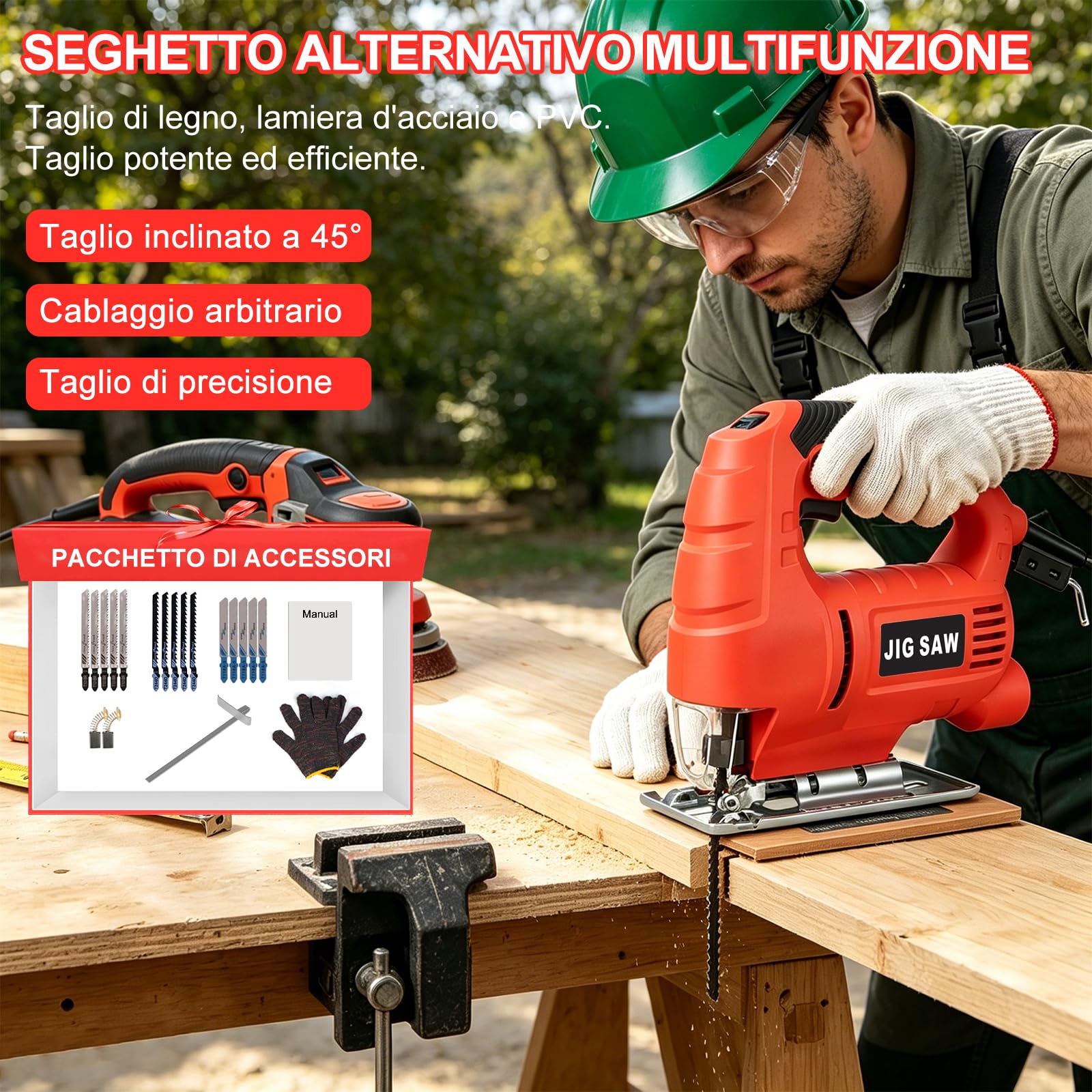 Seghetto alternativo elettrico, 710 W, 2800 SPM, 6 marce, regolabile, con taglio obliquo di ±45°, con righello di guida e 15 lame per legno, metallo e plastica