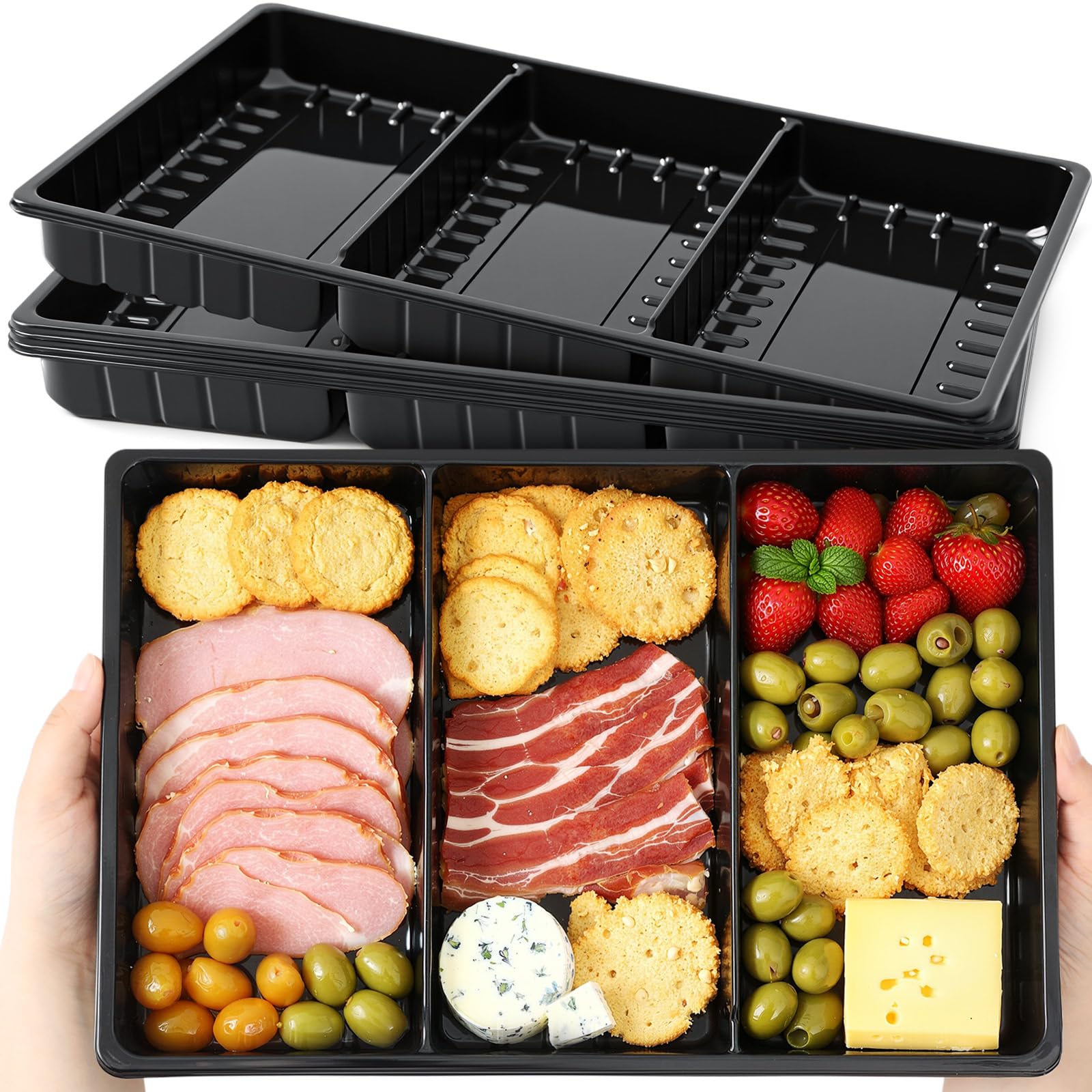 Photo 1 of Shellwei 4 Pcs Extra Large 15 x 10 Inch Charcuterie Board 3 Section Divided Catering Trays Disposable Travel Serving Trays Platter (Black)