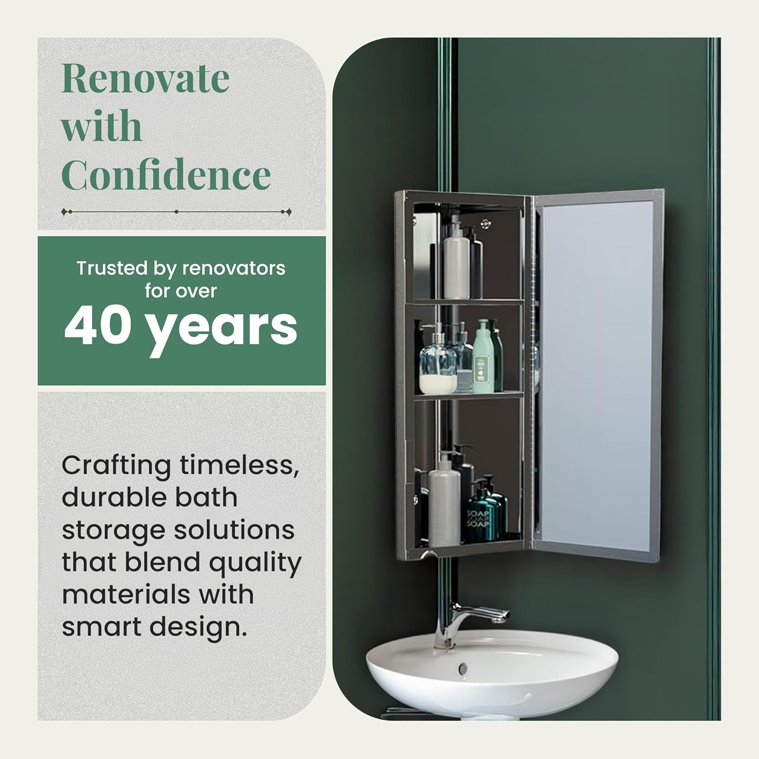 Renovators Supply Infinity Corner Medicine Cabinet with Mirror - Triple Shelf Storage Cabinet - Modern Wall Mount Medicine Cabinet - 31.5 in., Left Open, Brushed Stainless Steel, Pack of 1