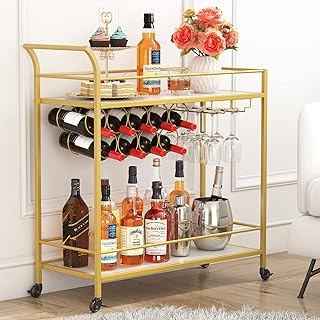 Lifewit Bar Cart, Home Bar Serving Cart, 2 Tier Drink Cart with 9 Wine Bottle Racks, Liquor Beverage Cart for Kitchen Dining Living Room Outdoor, 31.5" x 13" x 34.6", Gold