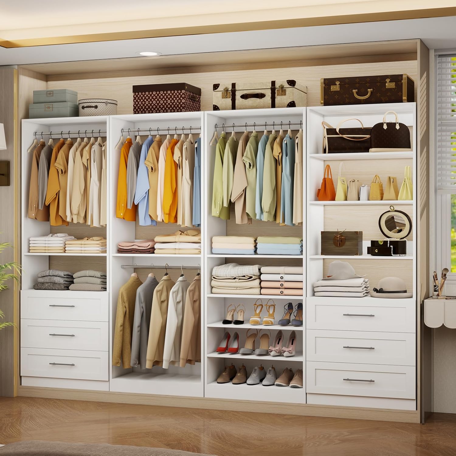 8FT Modular Closet System with 6 Drawers, Walk-in Closet Organizer System with 8 Expandable Hanging Rods & Adjustable Shelving Towers, Heavy Duty Wood Closet Storage for Bedroom, White(4 sets)