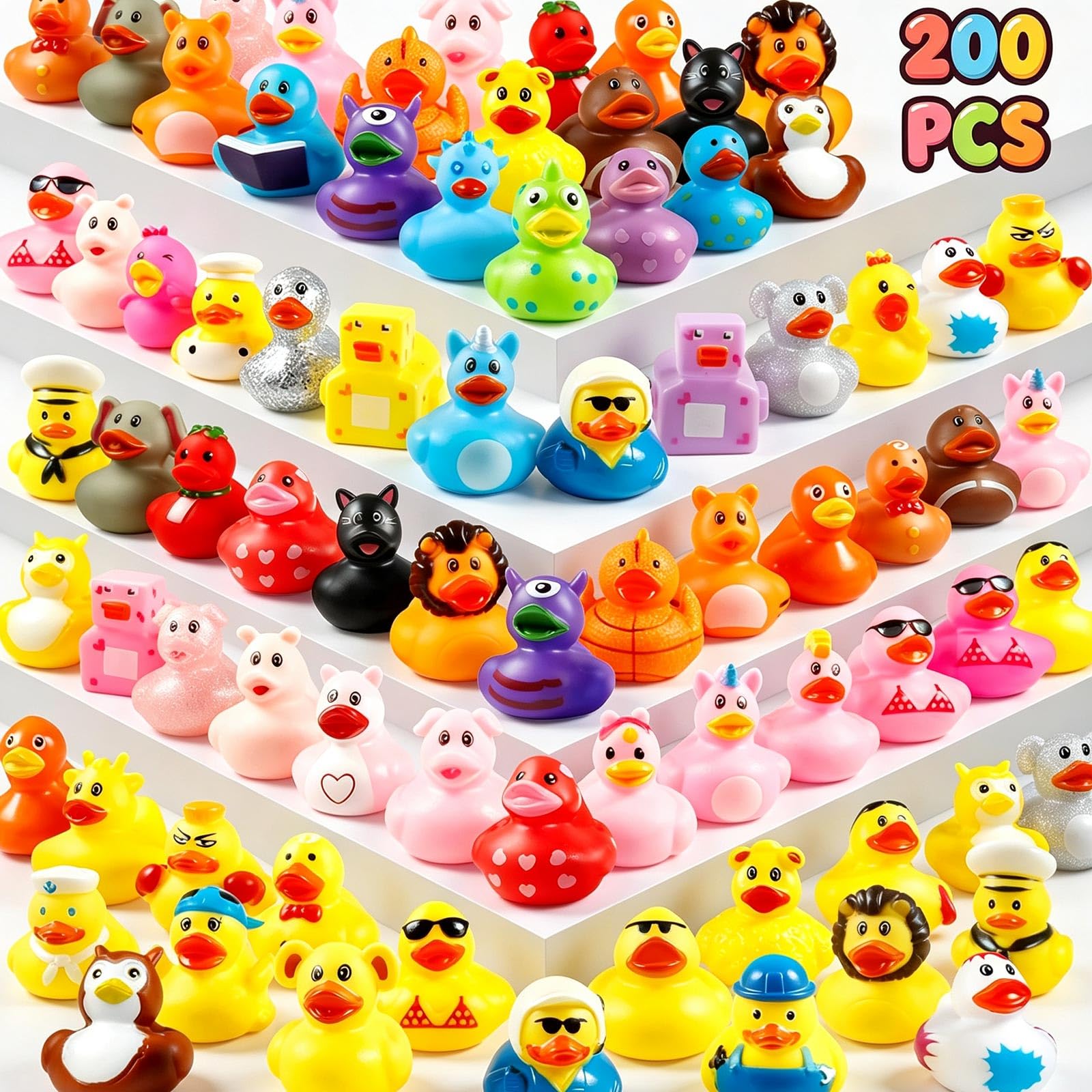 The Ultimate - Juego de juguetes para fiestas y baño: patos de goma de colores aleatorios en bolsa de malla para el baño del bebé, recuerdos de fiesta en la piscina y juegos divertidos para niños (200
