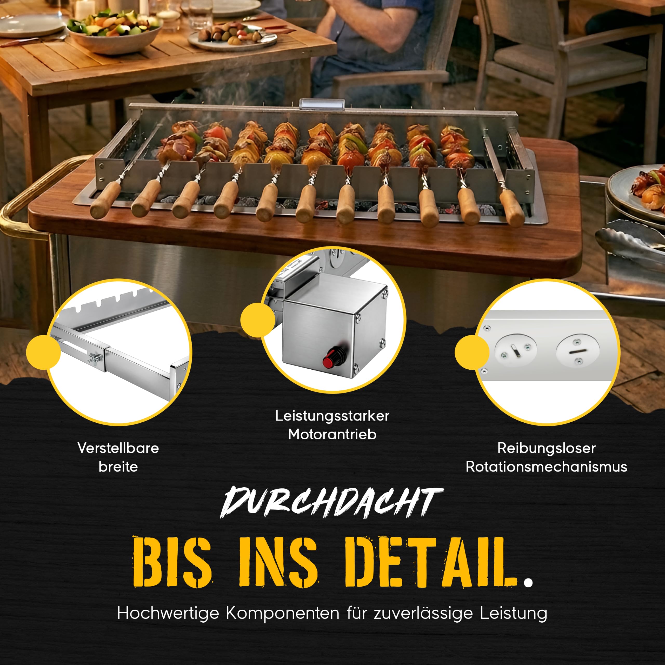 Elektrischer Spießdreher BBQ Rotisserie Set mit regulierbaren Motor – Edelstahl Grillaufsatz für Gas-, Holzkohle- & Elektrogrill – verstellbar, breit 58 cm – 220V + USB (Ohne 11 Spießen)