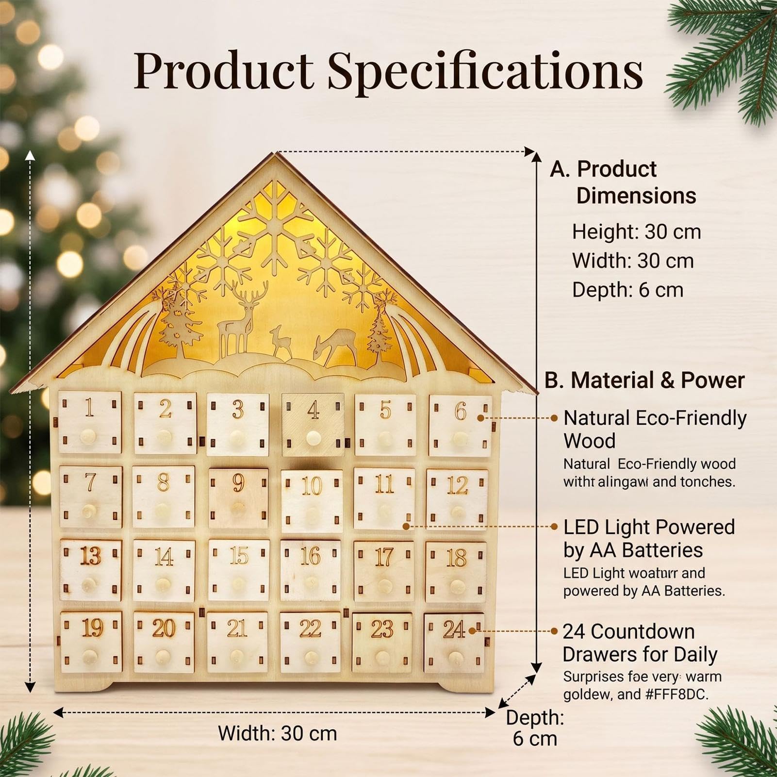 Calendrier de l'Avent Noël Cabinet pour Bureau en Bois Lumineux en Forme de