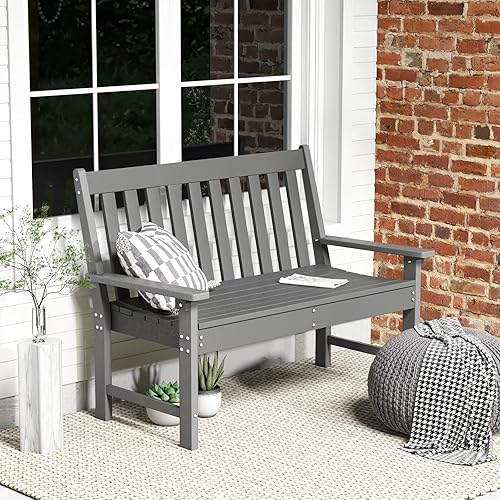 Tangkula Banco de parque de jardín para 2 personas, silla de sofá biplaza de polietileno de alta densidad para todo tipo de clima con respaldo