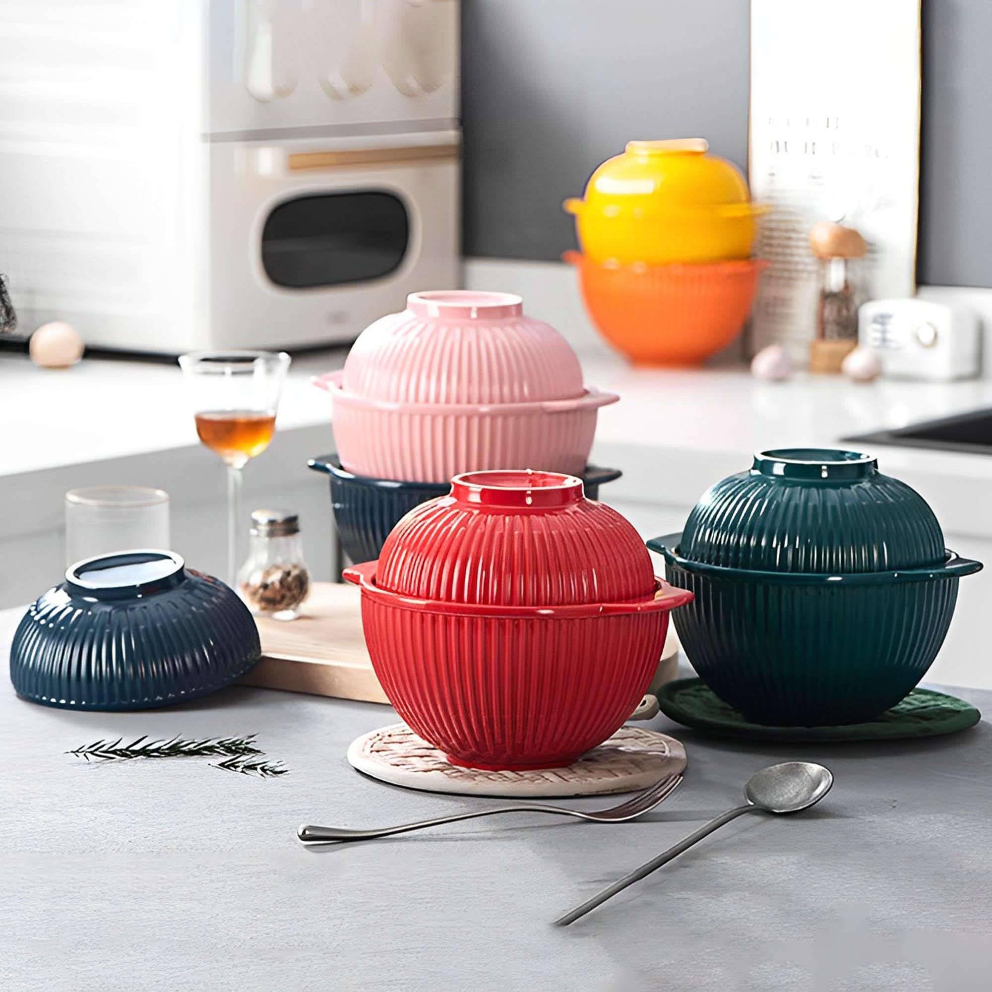 Ceramiczna miska na makaron instant, ceramiczne miski zupę z pokrywką, duży kubek uchwytem, ​​małe do ramenu w kuchence mikrofalowej(Orange)