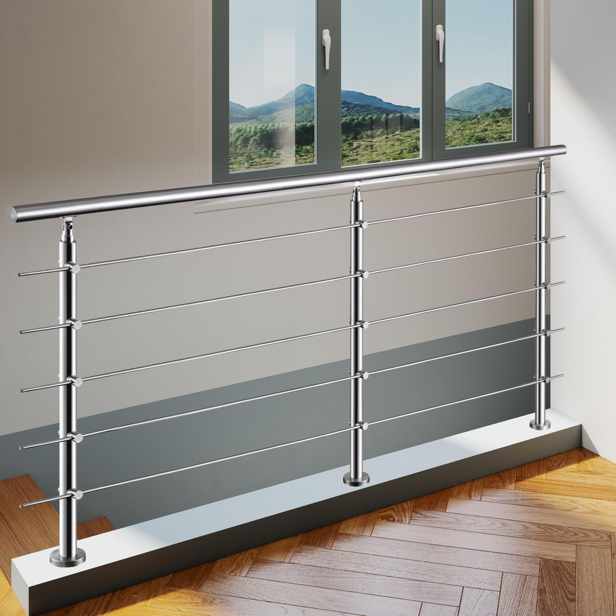 Aica Edelstahl-Geländer 200×106 cm Treppengeländer & Handlauf mit 5 Querstäben für Innen- und Außenbereich Einfache DIY-Montage