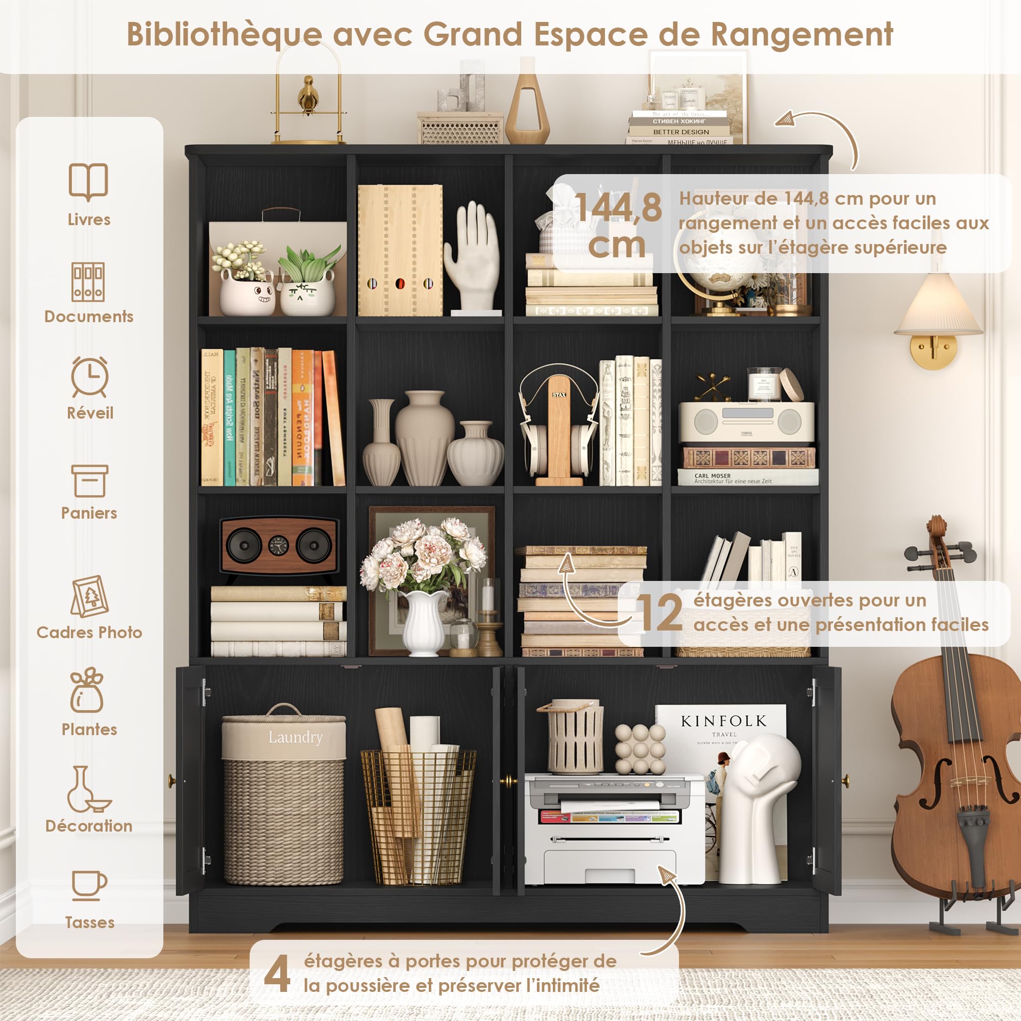 FirFurd Bibliotheque avec 4 Portes 15 Étagères Meuble de Rangement Noire