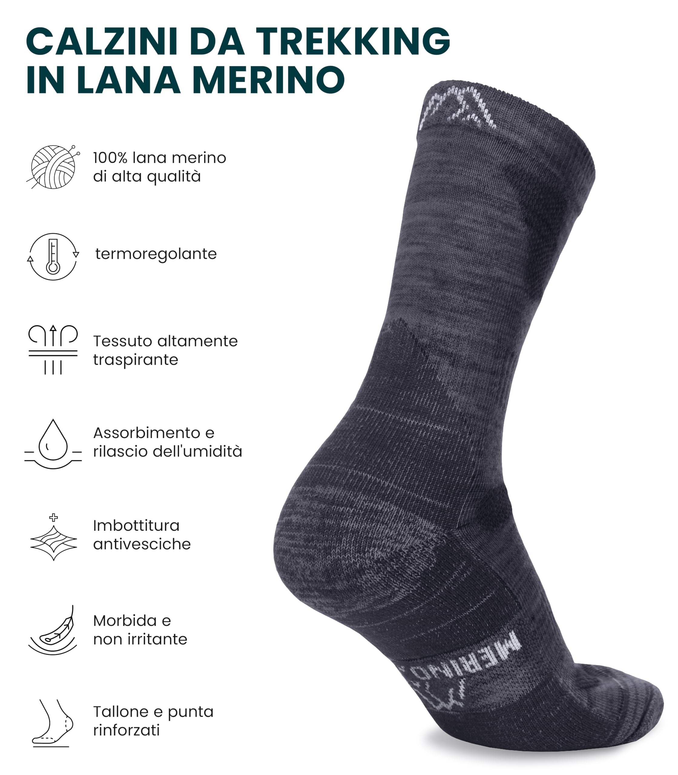 Merino.tech Calze Lana Merino Uomo e Donne - Termici Running Trekking | Calzini Stile Crew, Suola Imbottita, Anti-Vesciche, Anti-Odore, Traspiranti, Resistenti, Morbide, Facili da Curare