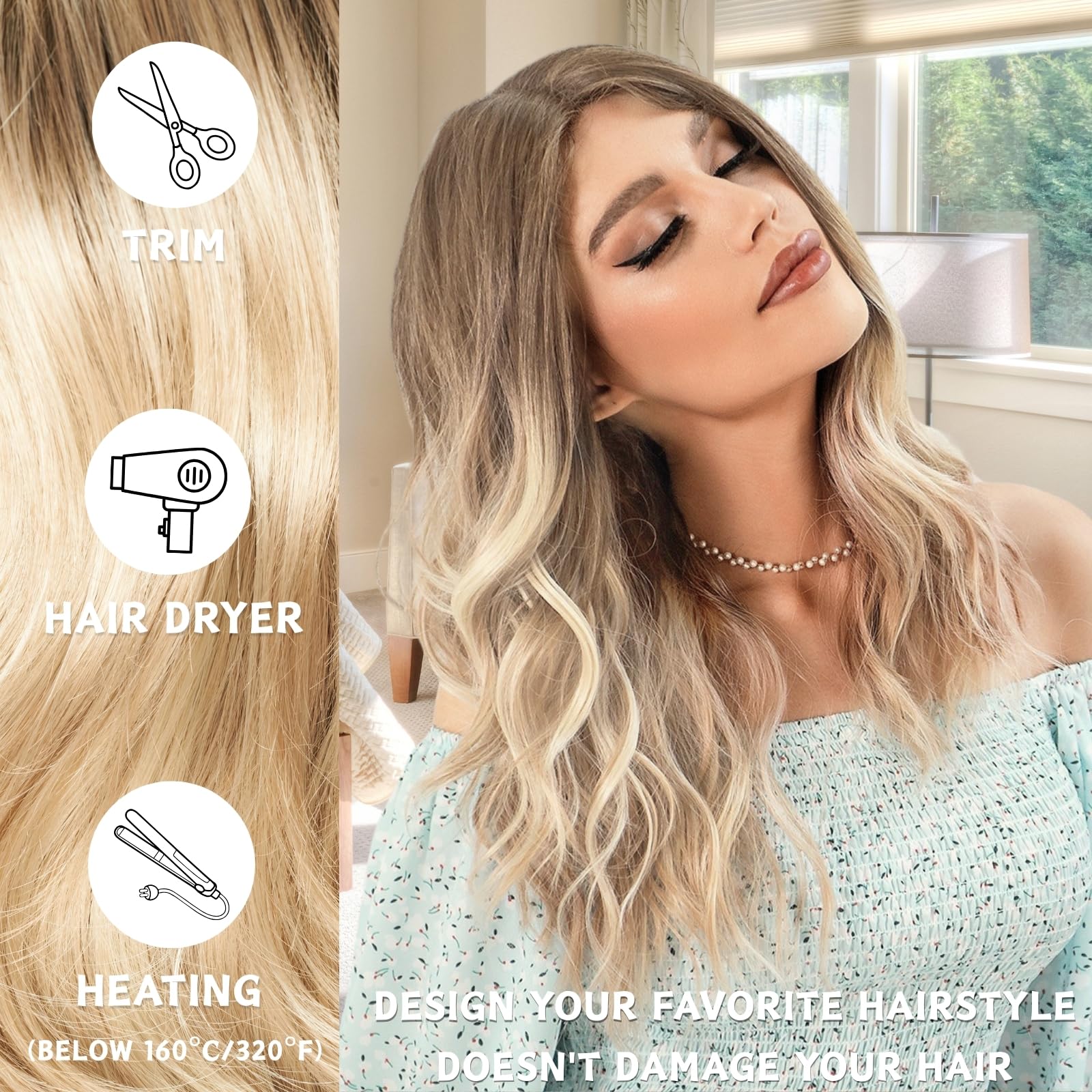 LUFFLOK Long Wave Ombre Brown to Blonde Wigs for Women 27’’ Long Curly Wigs Heat Resistant Natural Ombre Wig with Wig Net Synthetic Hair Wigs for Ladies Fancy Dress Party Cosplay Daily Use (Blonde) - Image 4