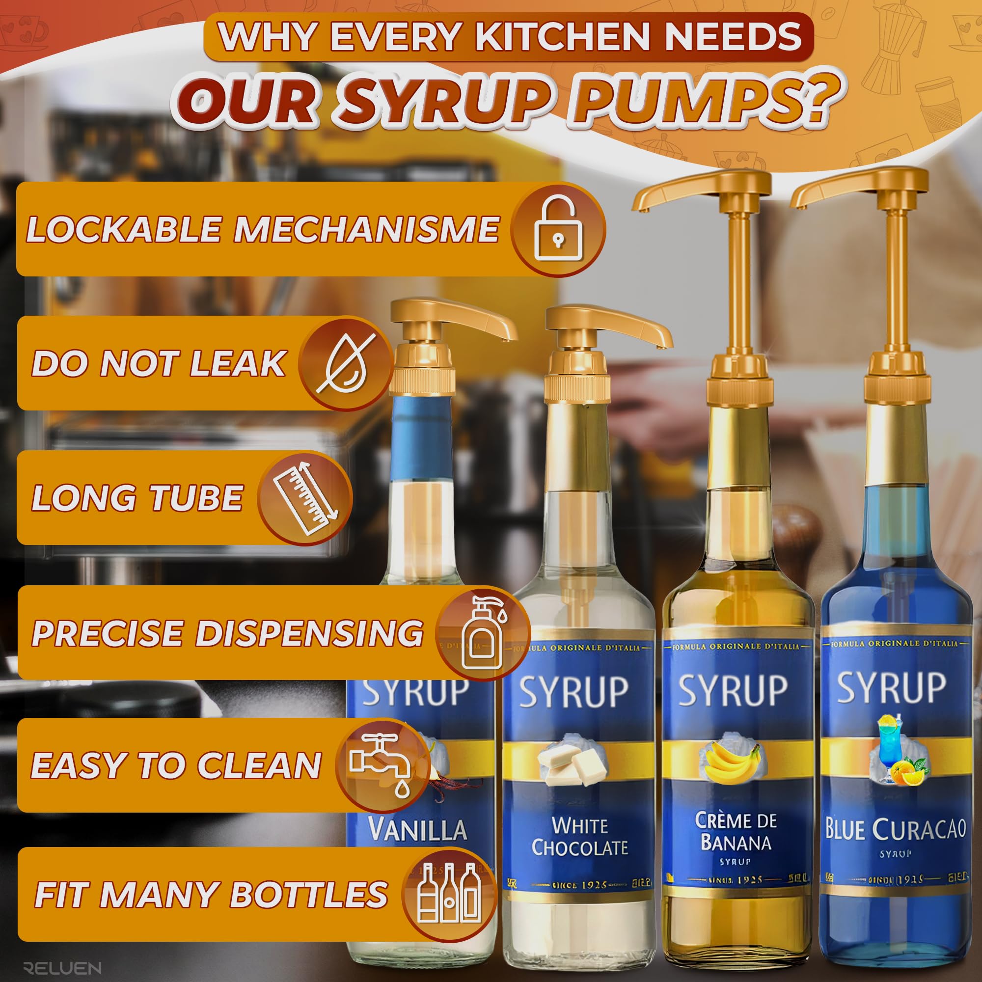 Set 6 Pompe Per Sciroppo Caffè - Dorate, Nere E Bianche, Per Bottiglie 750ml - Foto 8