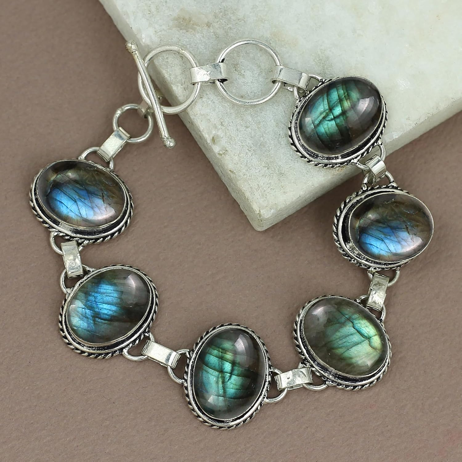 Natural Gemstones 925 Silver Plated Light Weight Trendy Statement Women's Jewelry Bracelets - Vintage Style Birthstone Oval Shape Stones Handmade Adjustable Link Bracelet - Gifts for Her