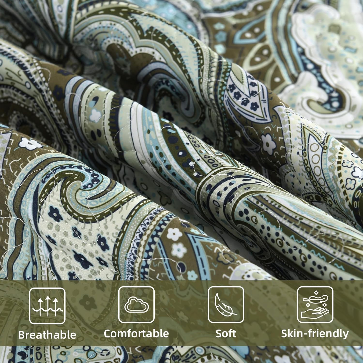 DJY Green Paisley Quilt Set King Size Boho Bedspread Coverlet Set 3 Pieces, Soft Lightweight Microfiber Dark Olive Green Paisley Floral Pattern Bedding Set for All Season, 110''x90'' - Image 7