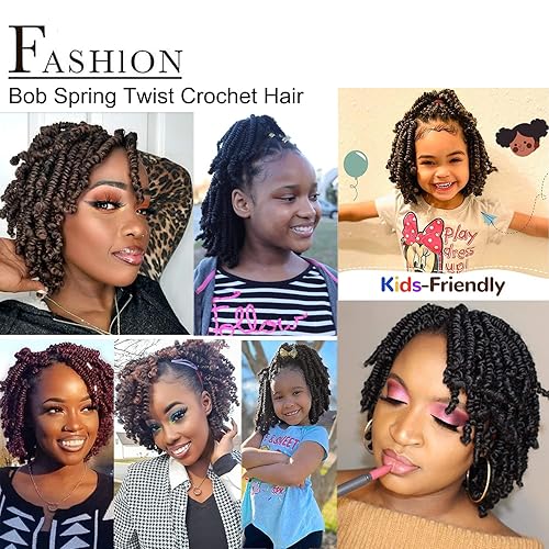 Miniatura 6 de 8 paquetes de cabello corto de ganchillo pretrenzado estilo Bob Spring Twist de 8 pulgadas, cabello rizado de ganchillo preanudado para niños,