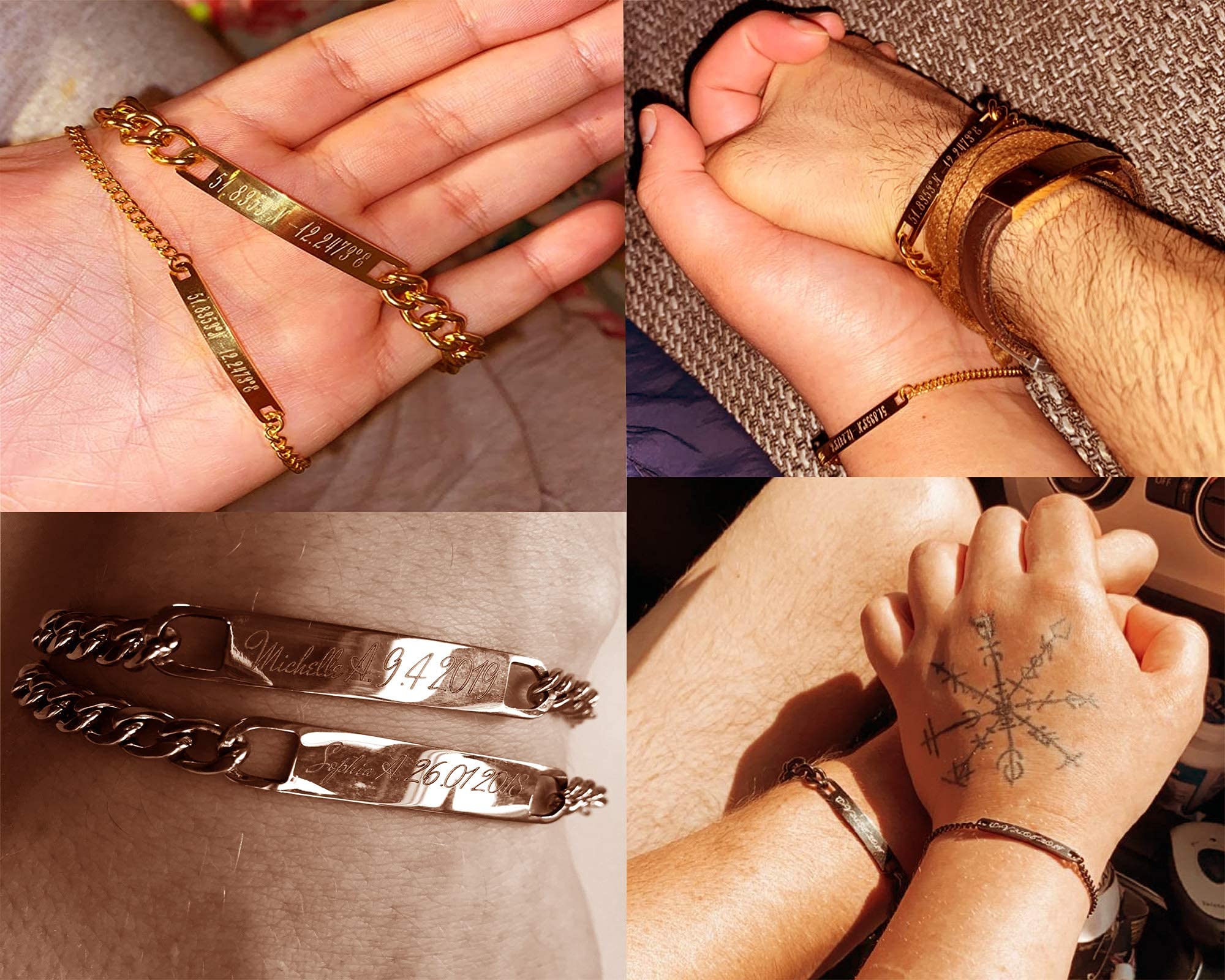 2 Pièces Bracelets Personnalisé Gravure - Bracelets Couple/Sœur/Famille, Cadeau pour Anniversaire de Mariage, Couple, Maman Papa Femme Homme