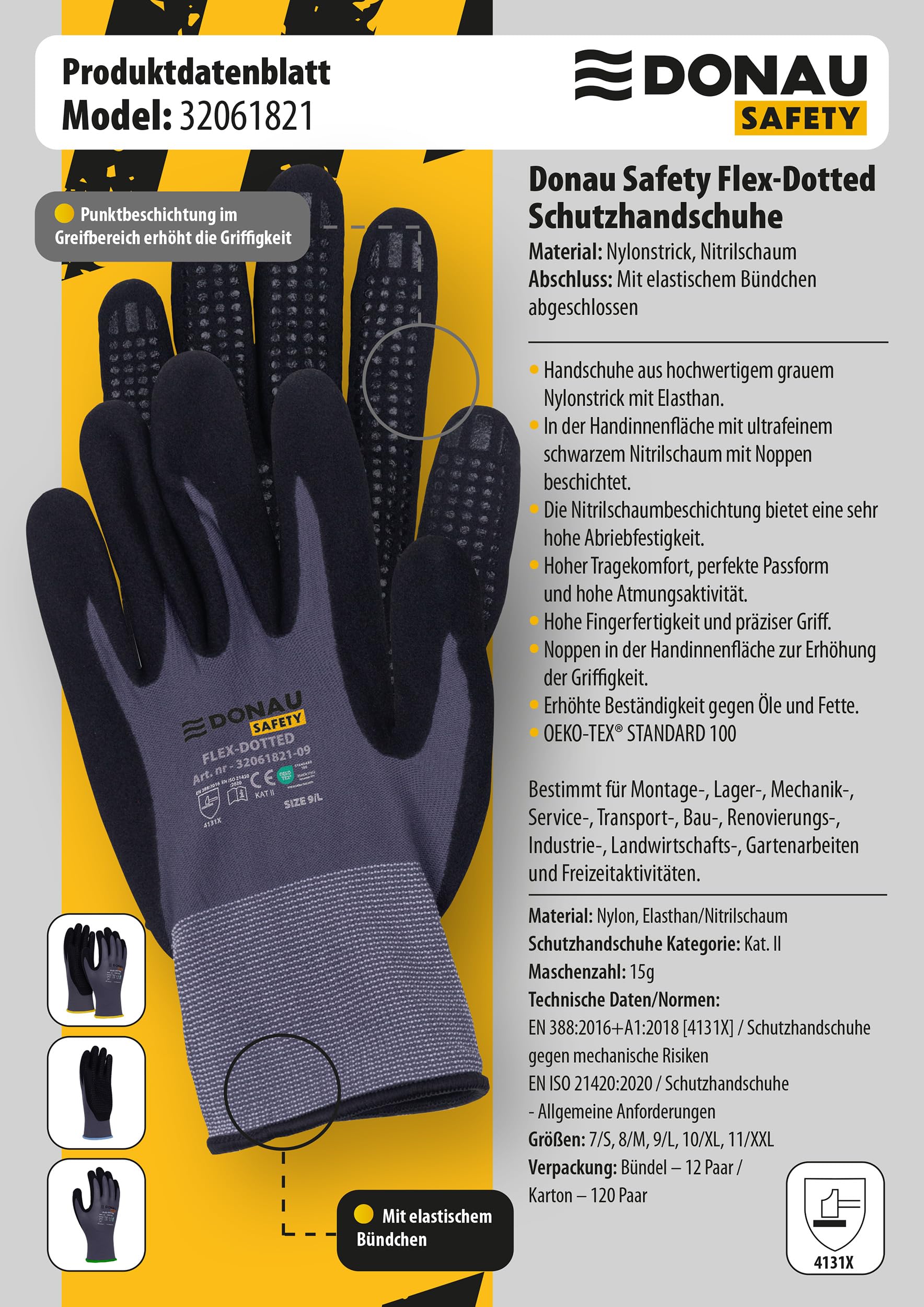 DONAU SAFETY Gants de travail Flex-Dotted avec picots antidérapants, taille 10/XL, 1 paire, gris-noir, pour mécaniciens, revêtement nitrile, légèrement résistant à l'huile, nylon