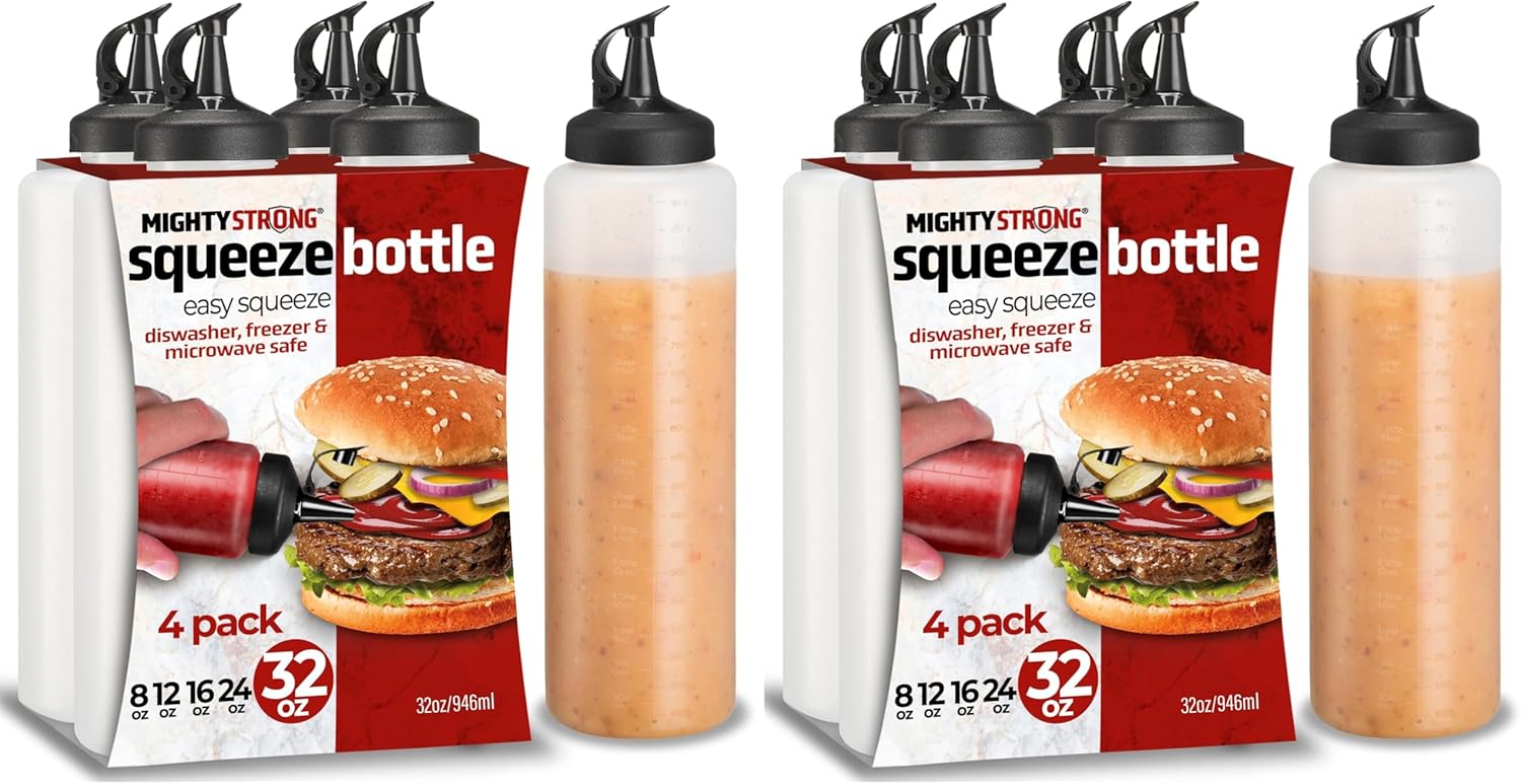 Condiment Squeeze Bottles - 32 Oz Squirt Bottles for Liquids, Easy Pour Sauce Bottles with Leak Proof Snap Cap (Pack of 2)