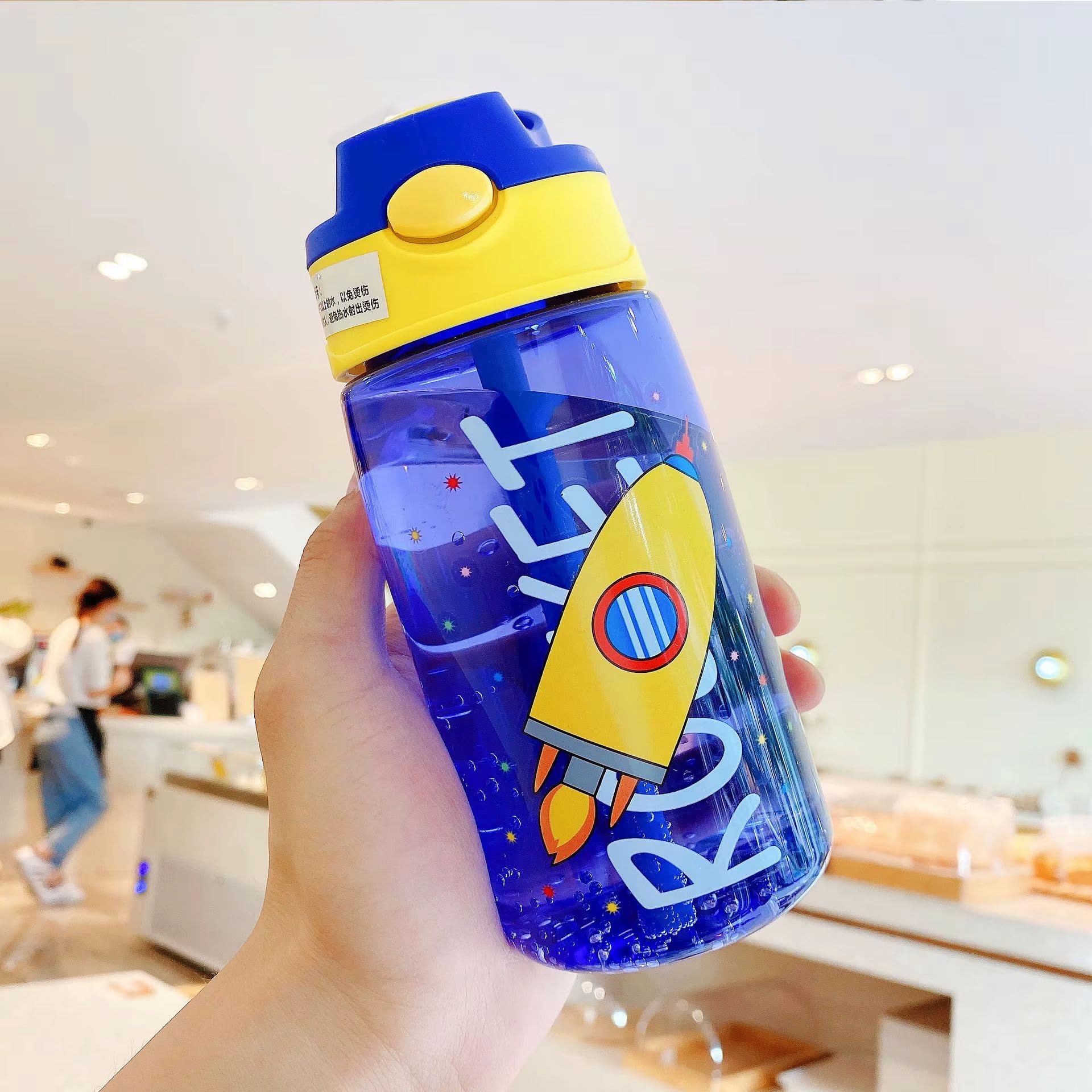 Kids Space Rocket Water Bottle Blue and Yellow BPA-Free Plastic with Flip-Top Lid 16OZ