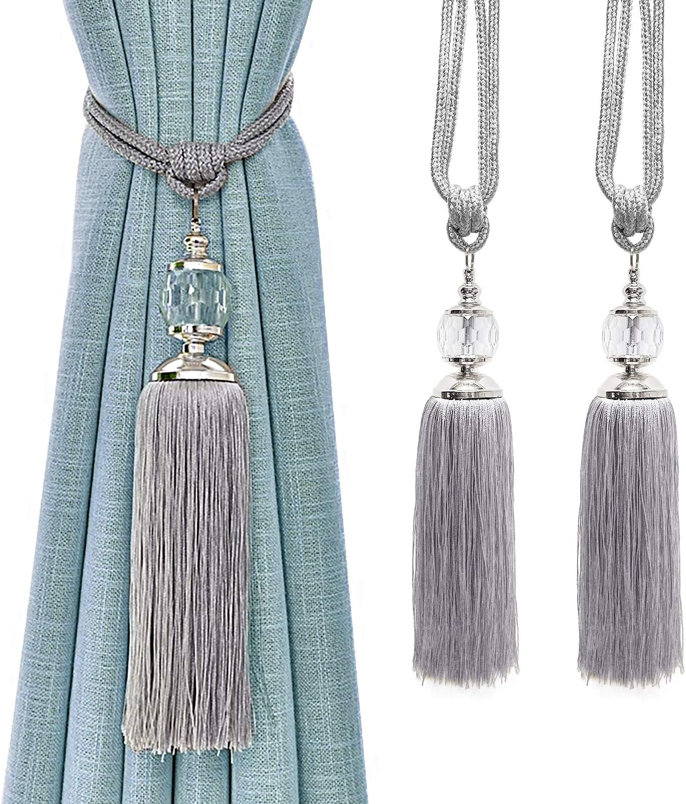 Curtain Tiebacks Rope Tassel TieBacks Curtain Holdbacks Silver for Drapes Decorative Drapery Crystal Holdback Tie Backs Handmade Curtain Holder 2 Pack